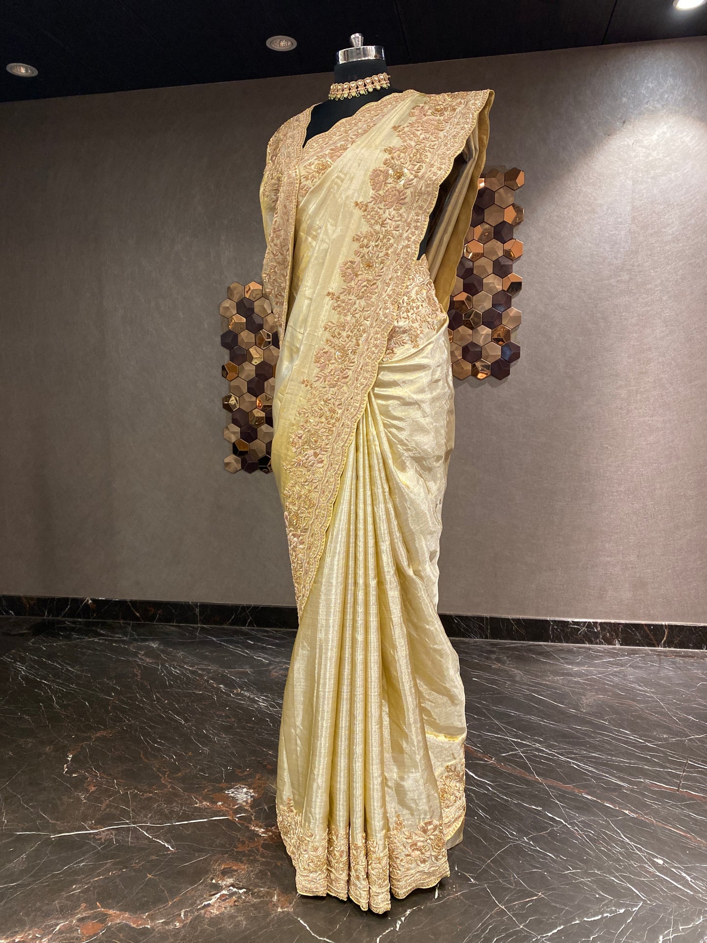 LIGHT GOLD KANJIVARAM TISSUE EMBROIDERED SAREE