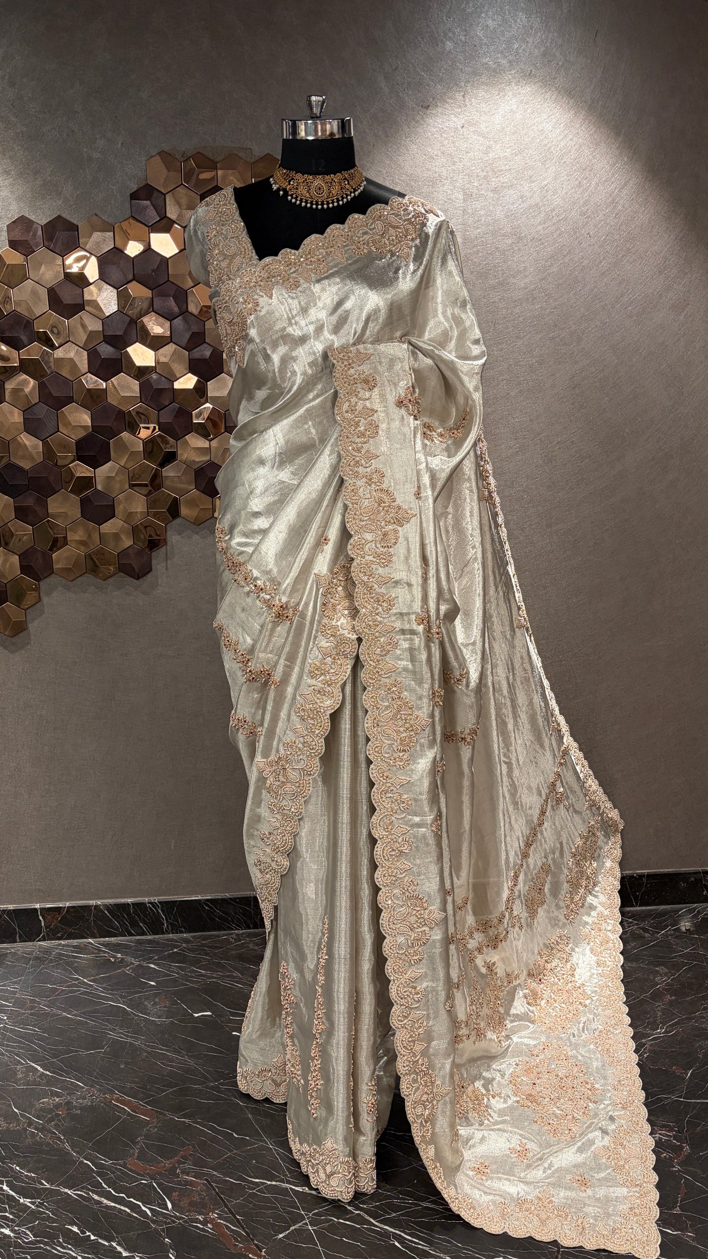IVORY ROYALE HAND-EMBROIDERED TISSUE SILK SAREE