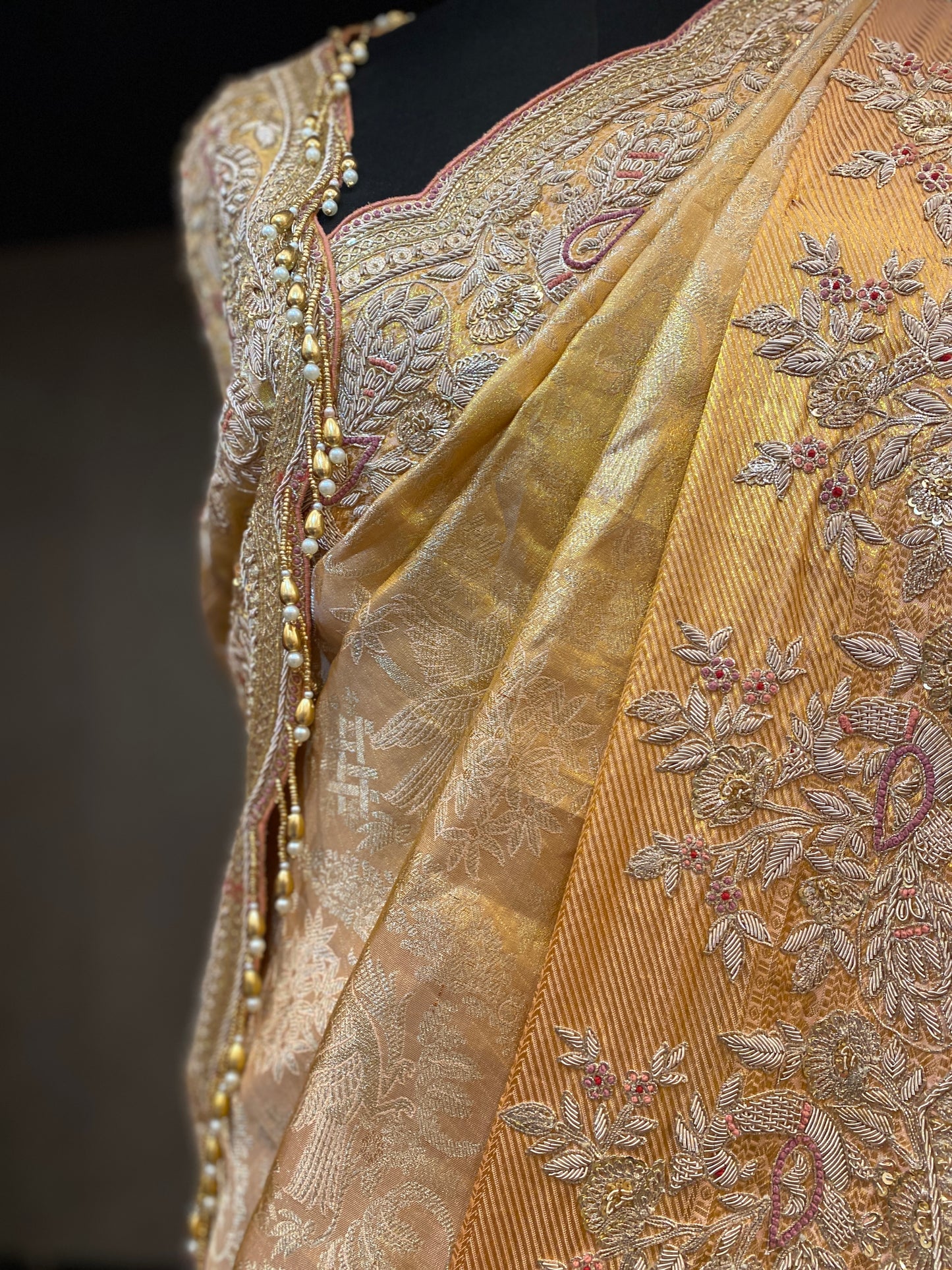 REGAL PEACH EMBROIDERED KANJIVARAM SAREE