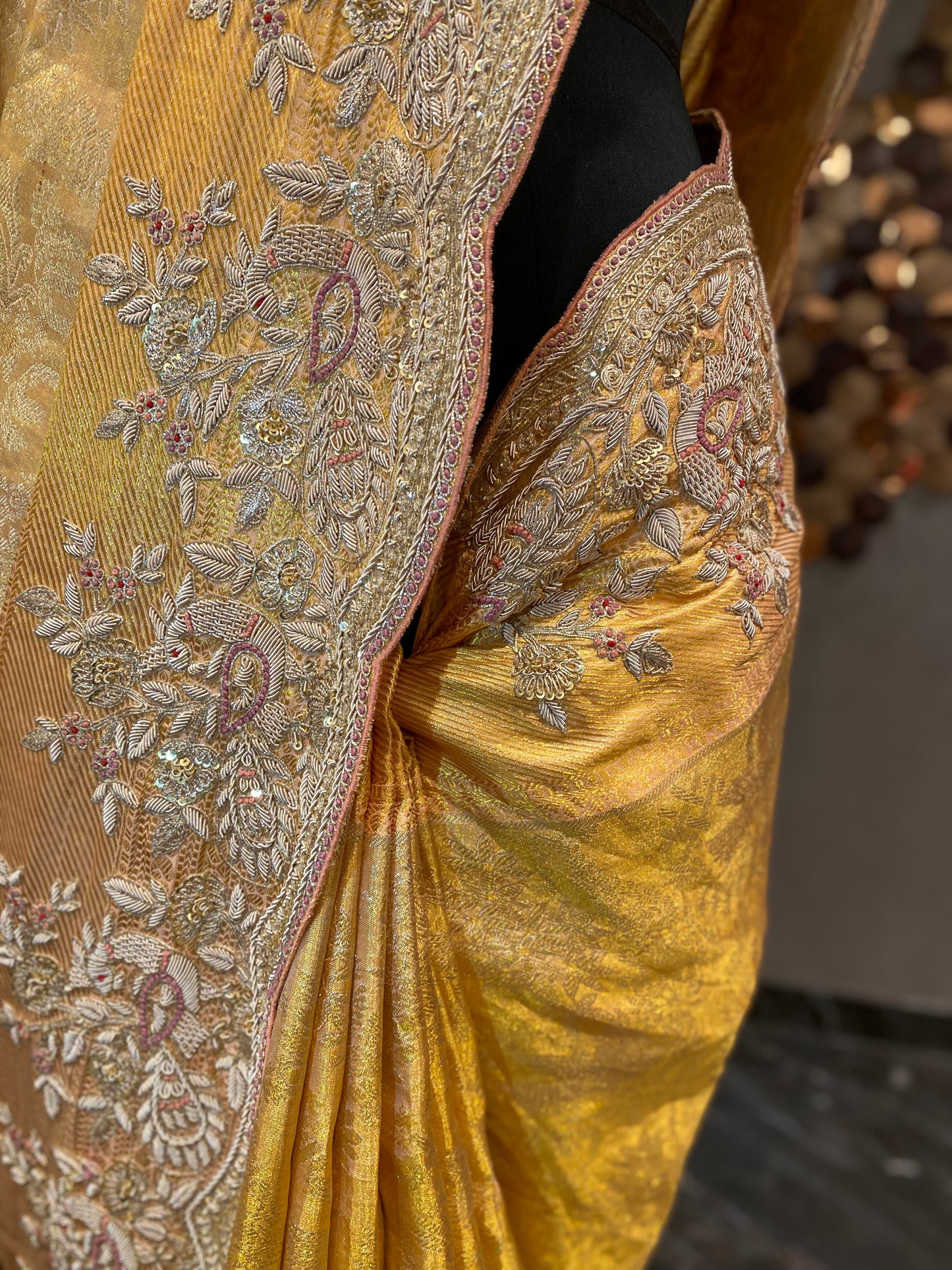 REGAL PEACH EMBROIDERED KANJIVARAM SAREE