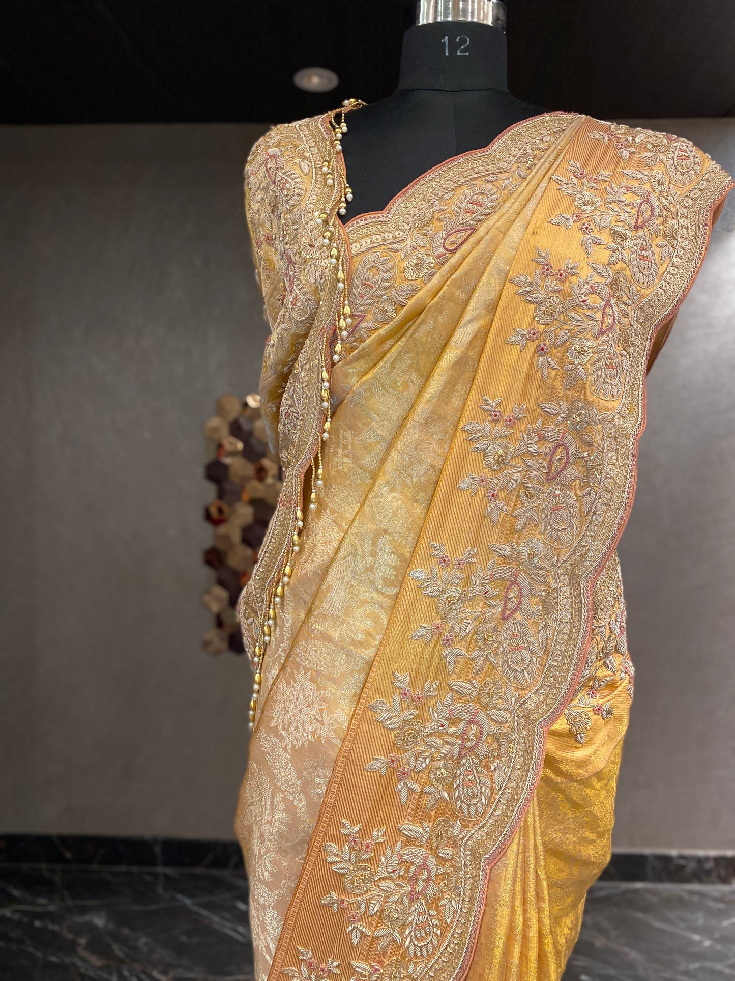 REGAL PEACH EMBROIDERED KANJIVARAM SAREE