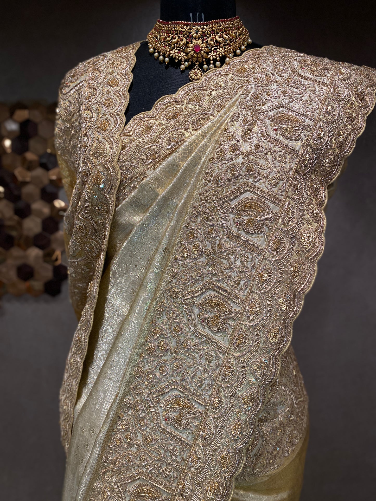 GOLD KANJIVARAM TISSUE SAREE WITH INTRICATE HAND EMBROIDERY