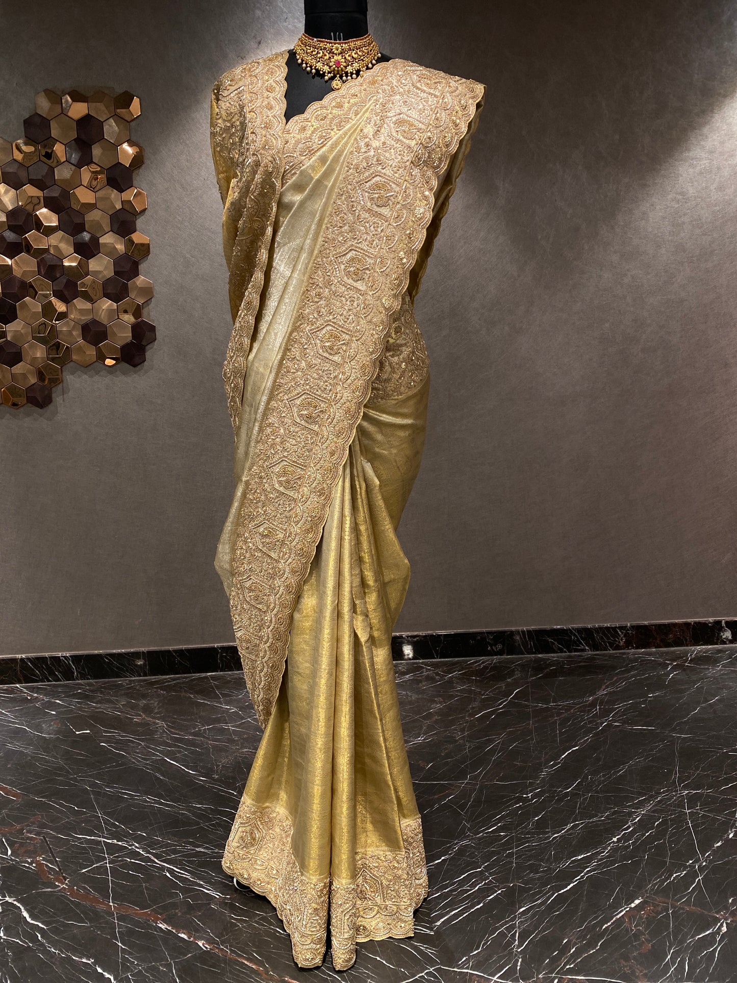 GOLD KANJIVARAM TISSUE SAREE WITH INTRICATE HAND EMBROIDERY