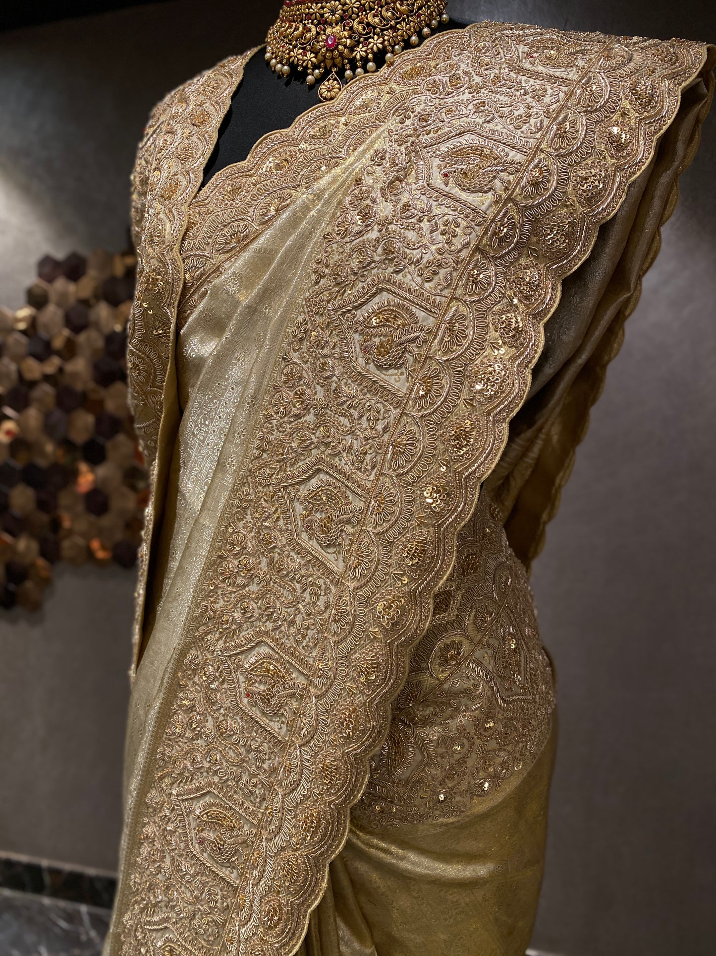GOLD KANJIVARAM TISSUE SAREE WITH INTRICATE HAND EMBROIDERY