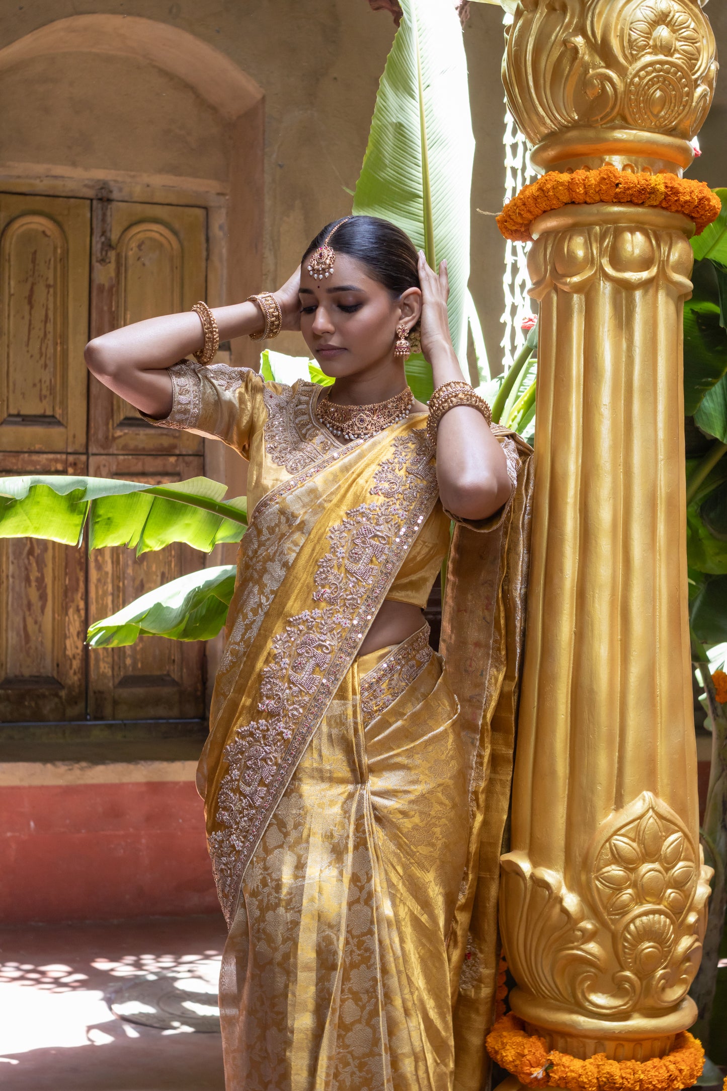 HANDEMBROIDERED PURE KANJIVARAM SAREE IN GOLD