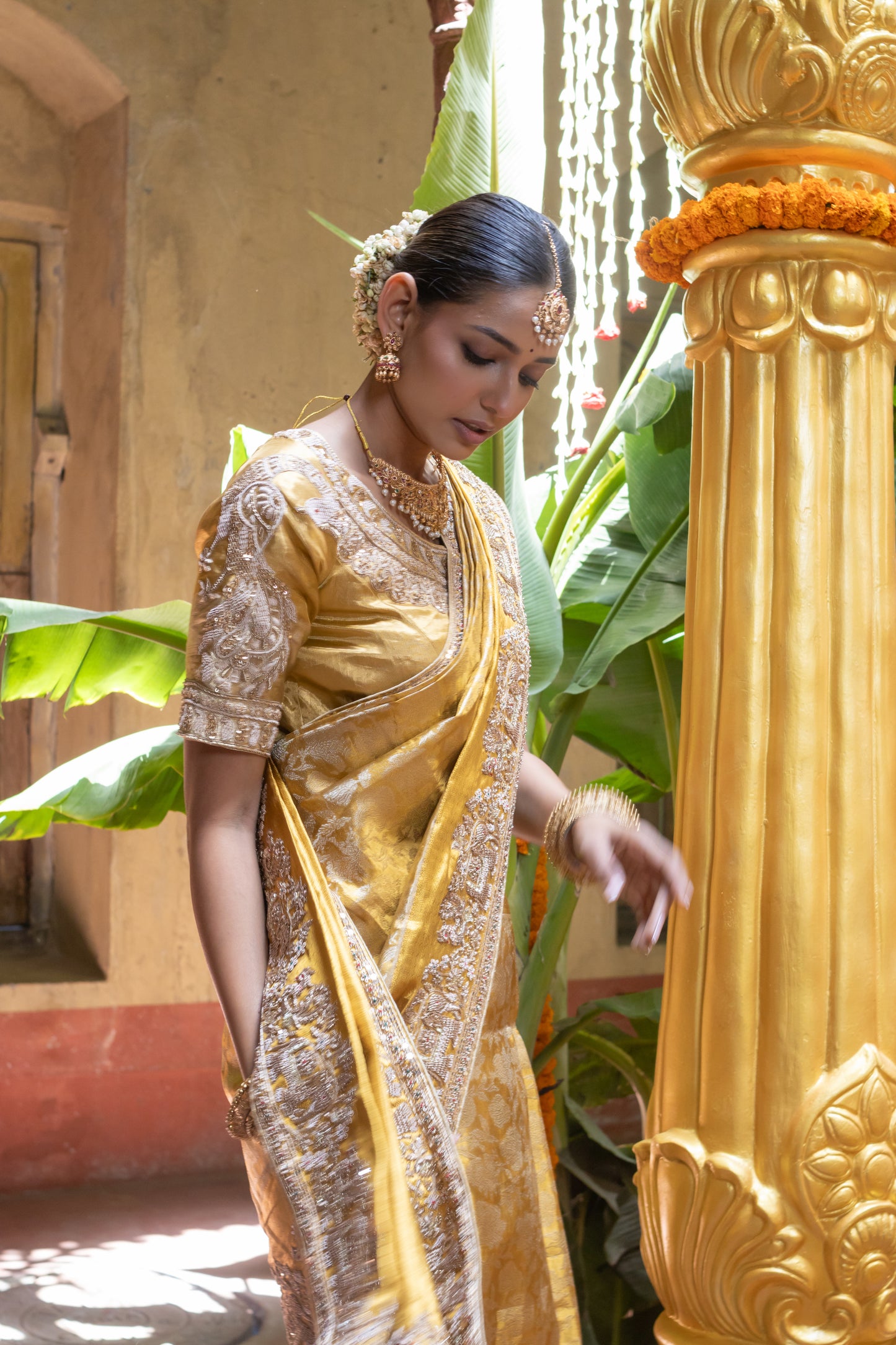 HANDEMBROIDERED PURE KANJIVARAM SAREE IN GOLD