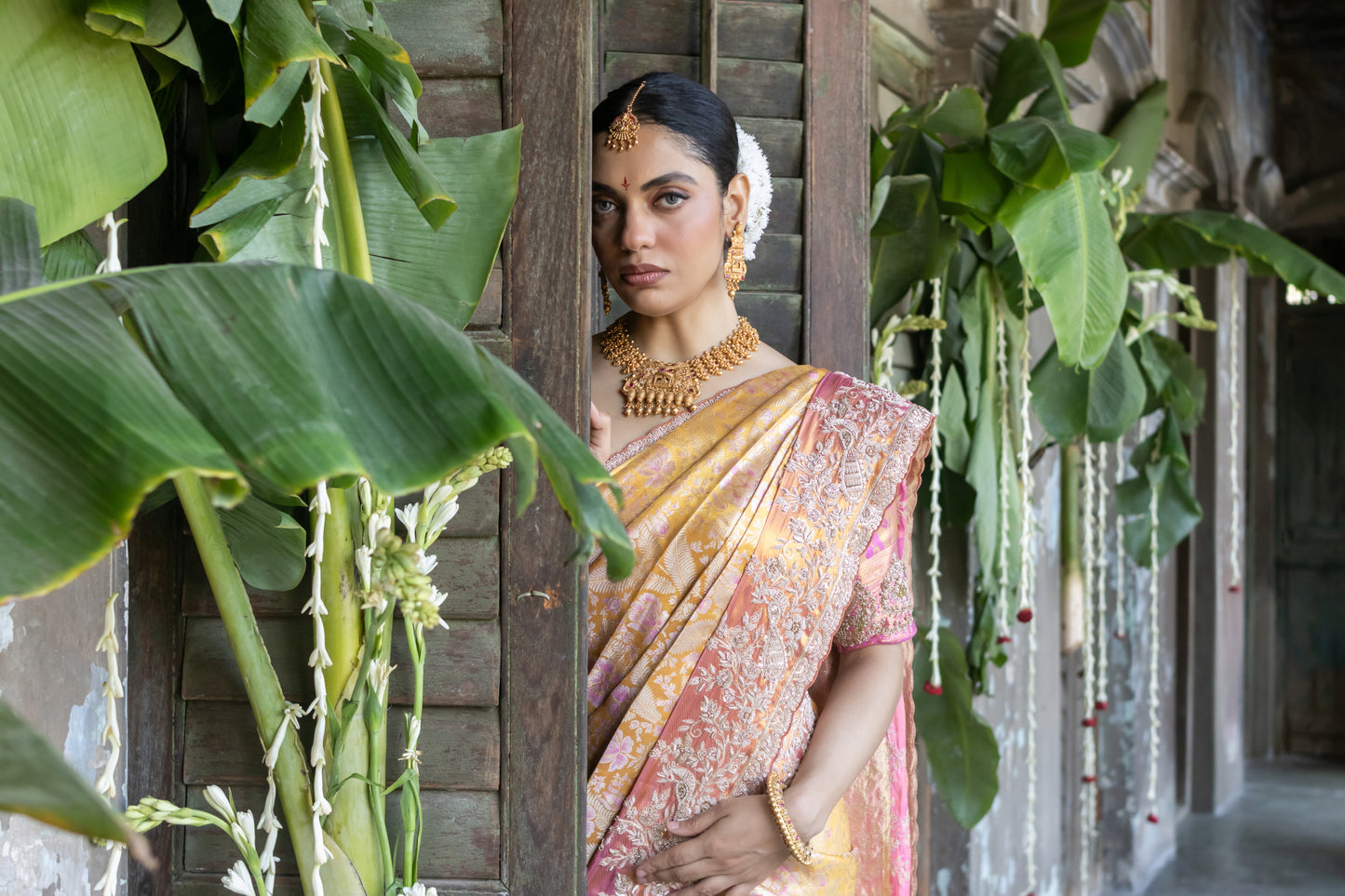 HERITAGE GOLD AND PINK EMBROIDERED PURE KANJIVARAM SAREE