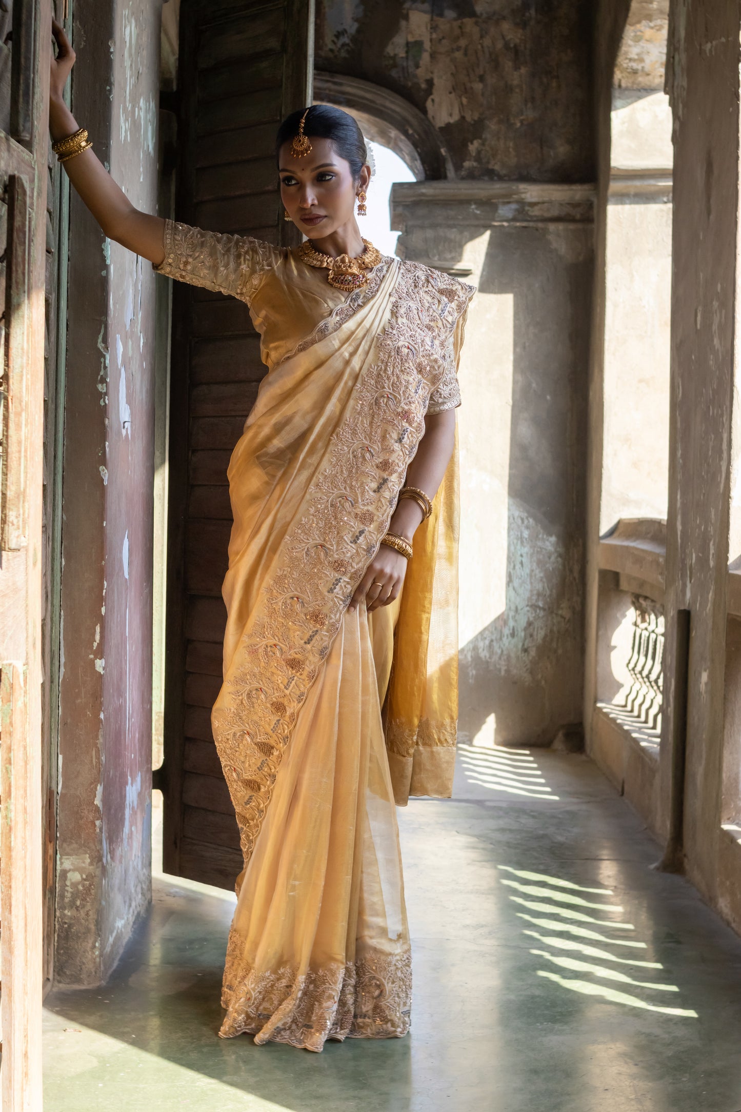 A PURE GOLD KANCHI TISSUE EMBROIDERED SAREE