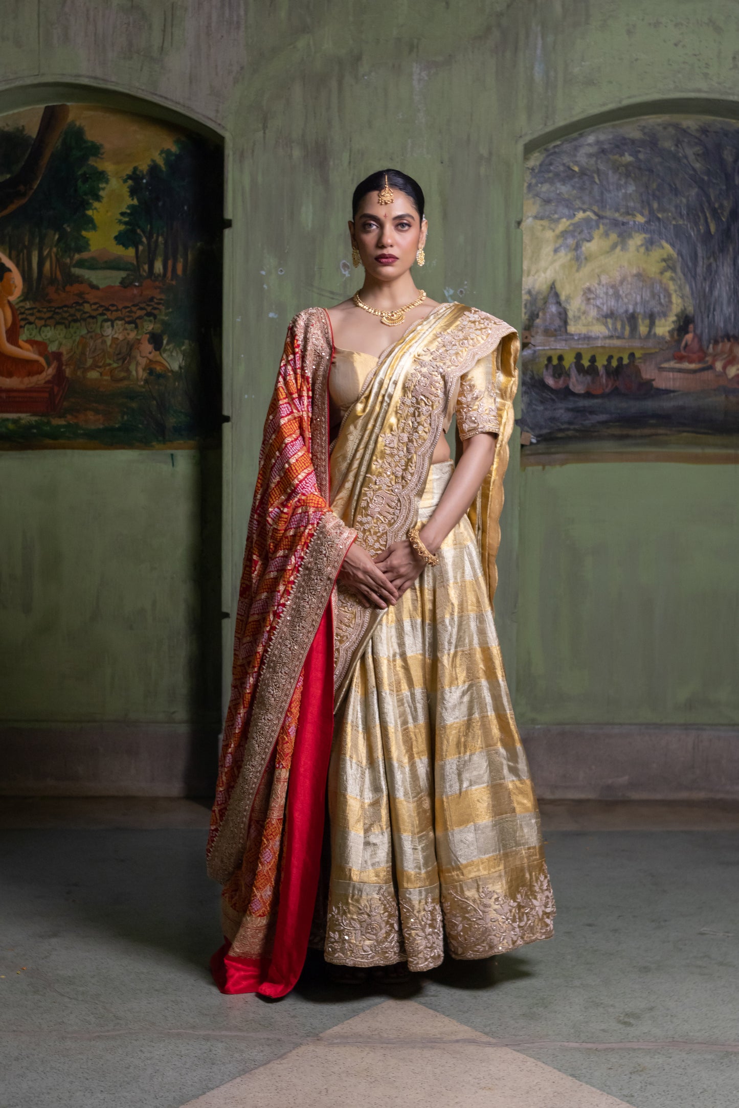 PURE KANJIVARAM LEHENGA IN GOLD & SILVER WITH HERITAGE CRAFT