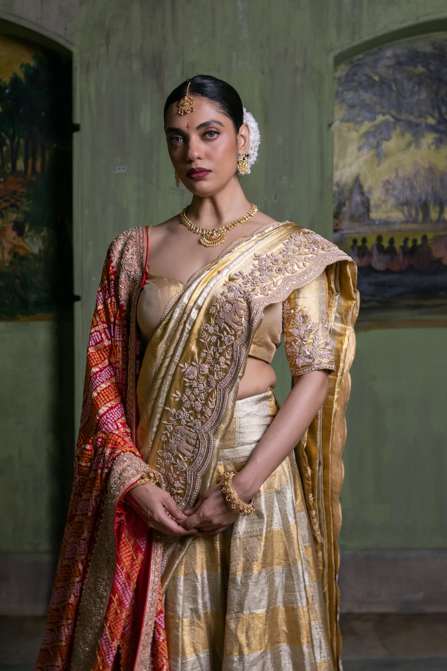 PURE KANJIVARAM LEHENGA IN GOLD & SILVER WITH HERITAGE CRAFT