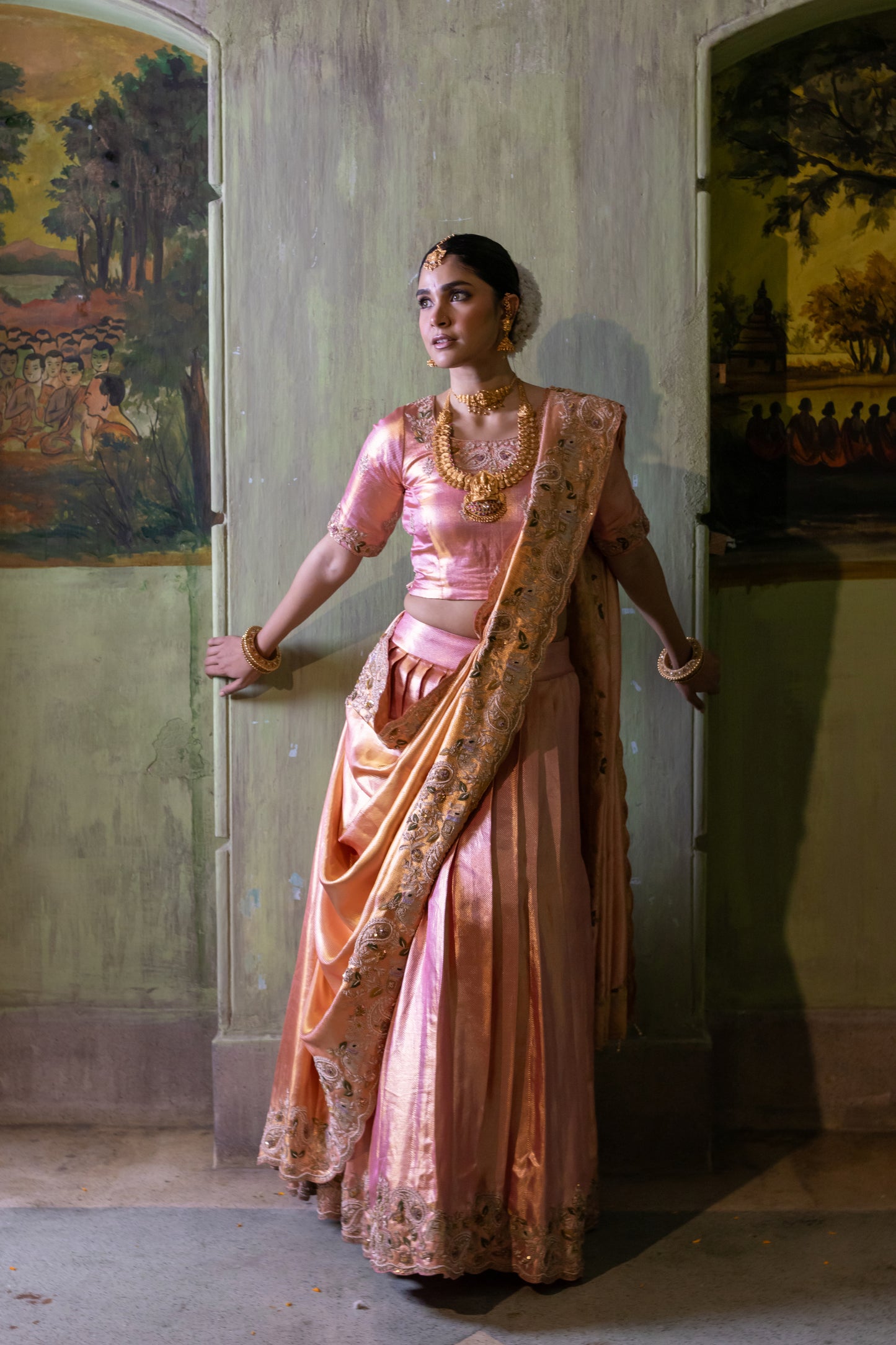 PINK TWILL KANJIVARAM LEHENGA WITH INTRICATE HAND EMBELISHMENT