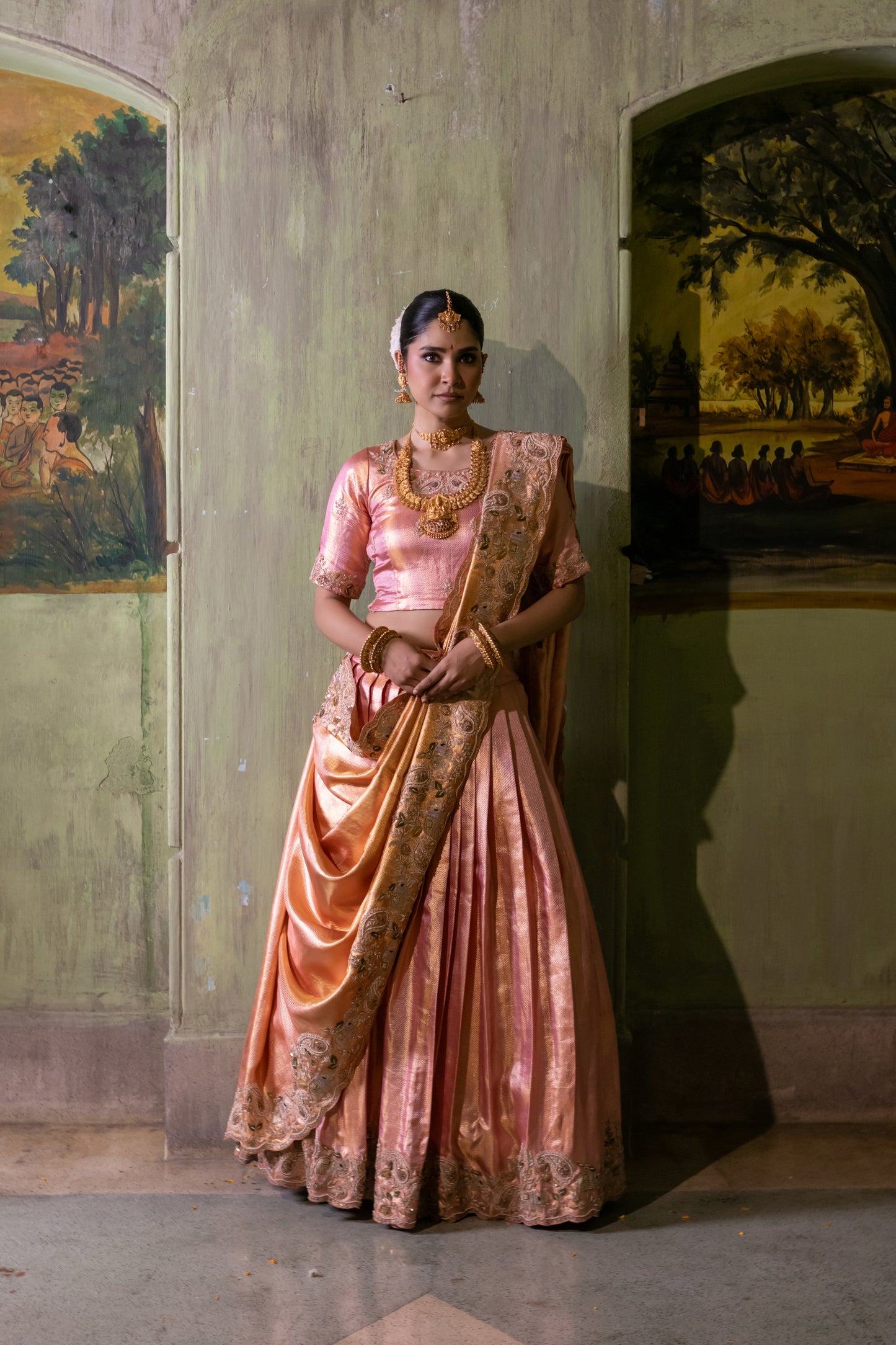 PINK TWILL KANJIVARAM LEHENGA WITH INTRICATE HAND EMBELISHMENT