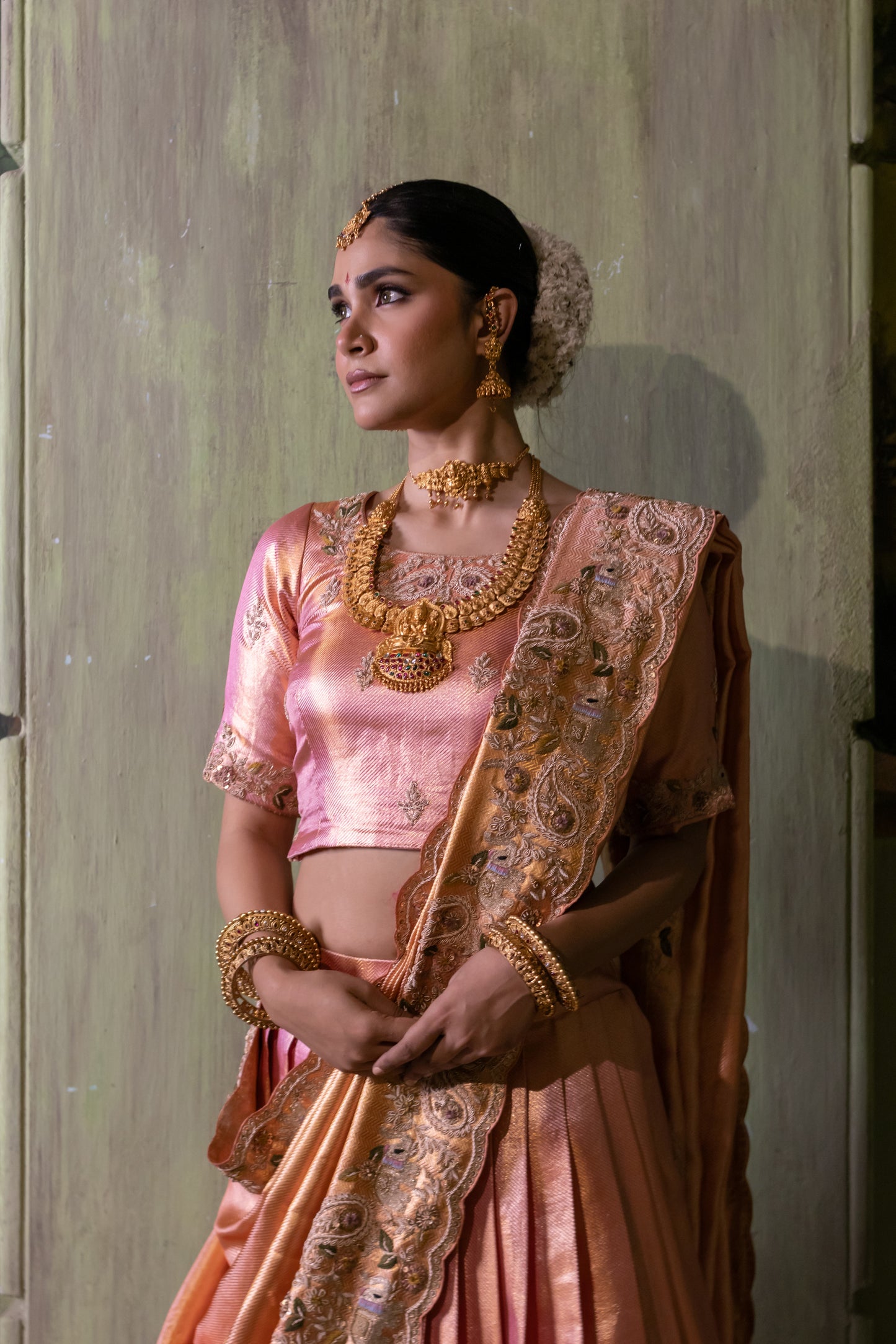 PINK TWILL KANJIVARAM LEHENGA WITH INTRICATE HAND EMBELISHMENT
