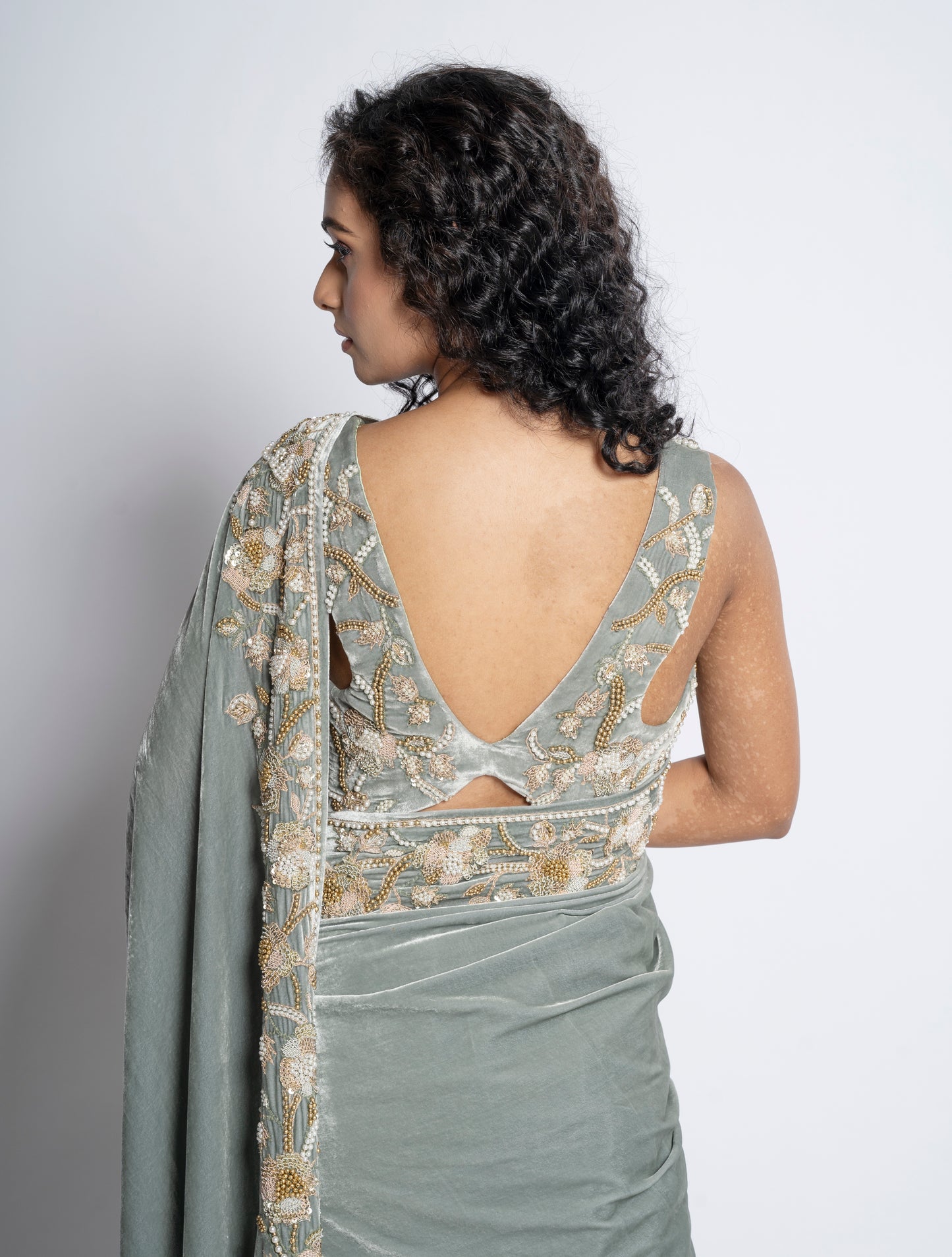 A stunning velvet and sheer saree(7806)