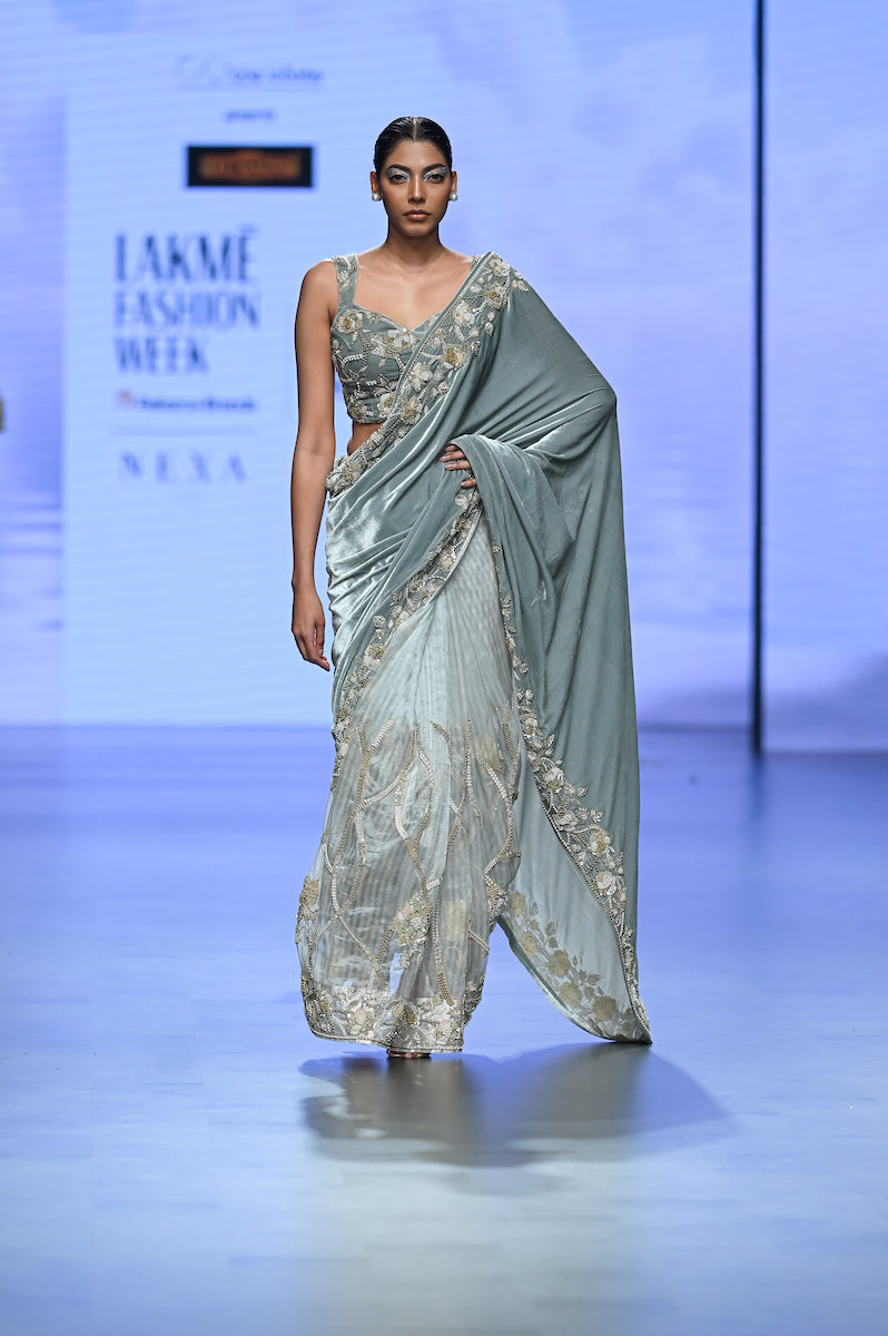 A stunning velvet and sheer saree(7806)