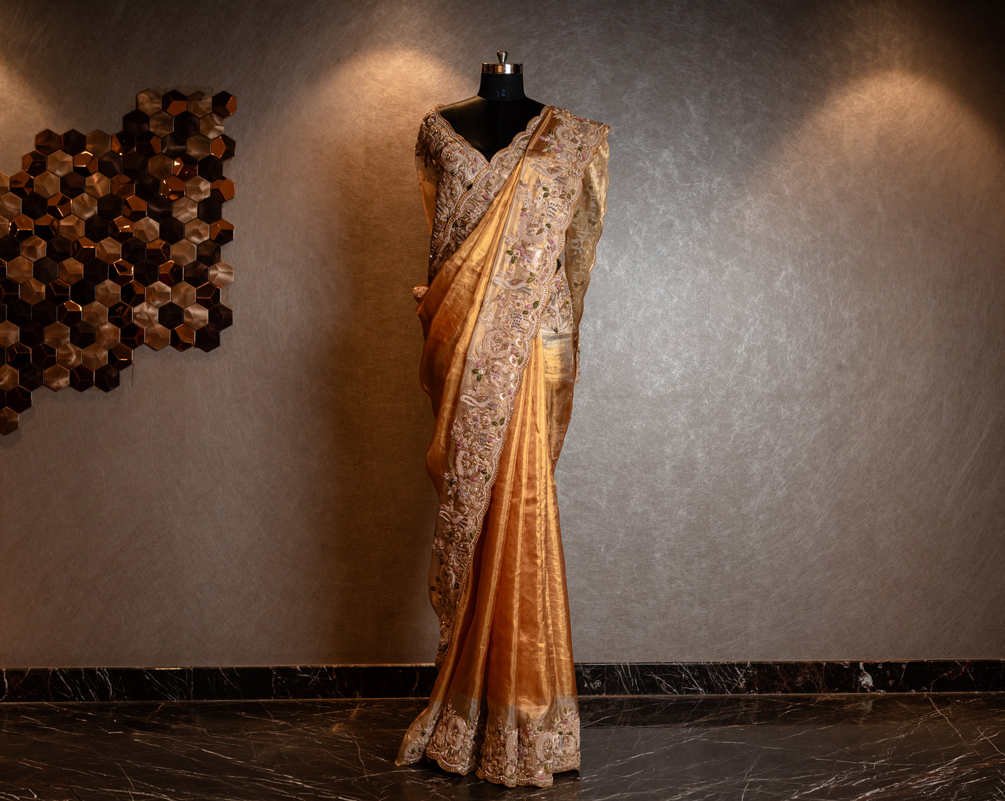 GOLD PURE KANCHI TISSUE HANDEMBROIDERED SAREE SS-1033