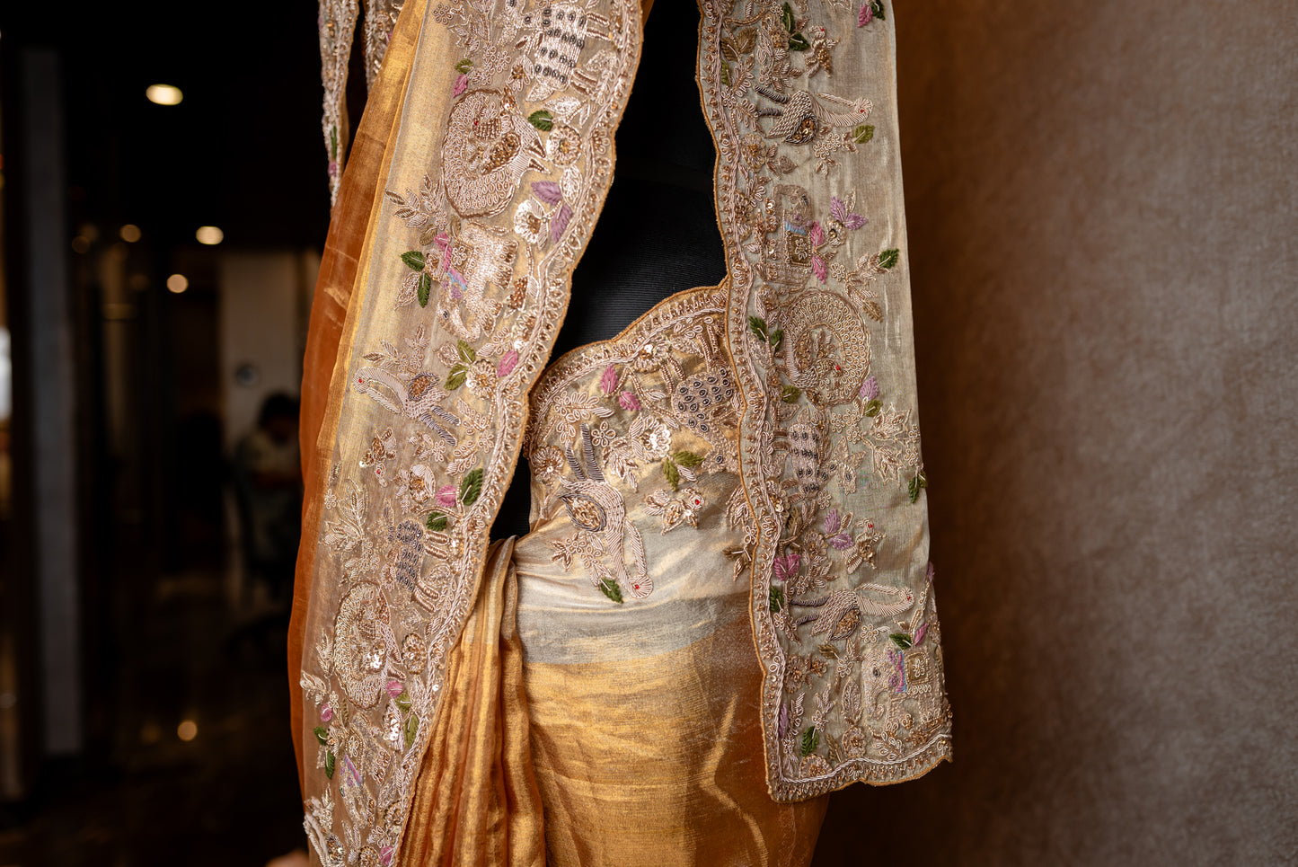 GOLD PURE KANCHI TISSUE HANDEMBROIDERED SAREE SS-1033