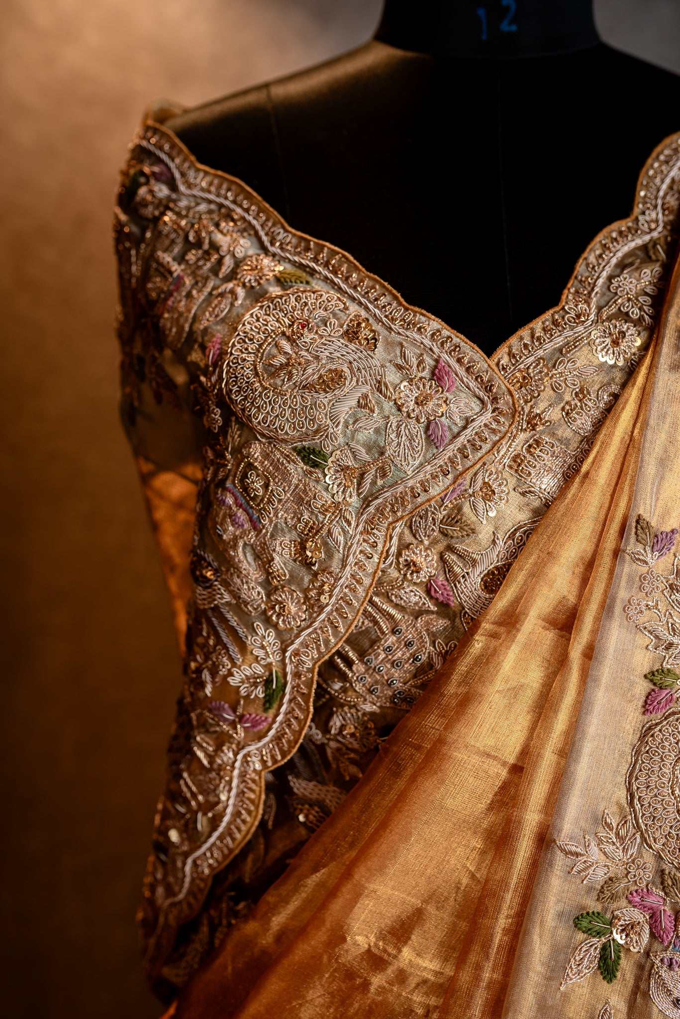 GOLD PURE KANCHI TISSUE HANDEMBROIDERED SAREE SS-1033