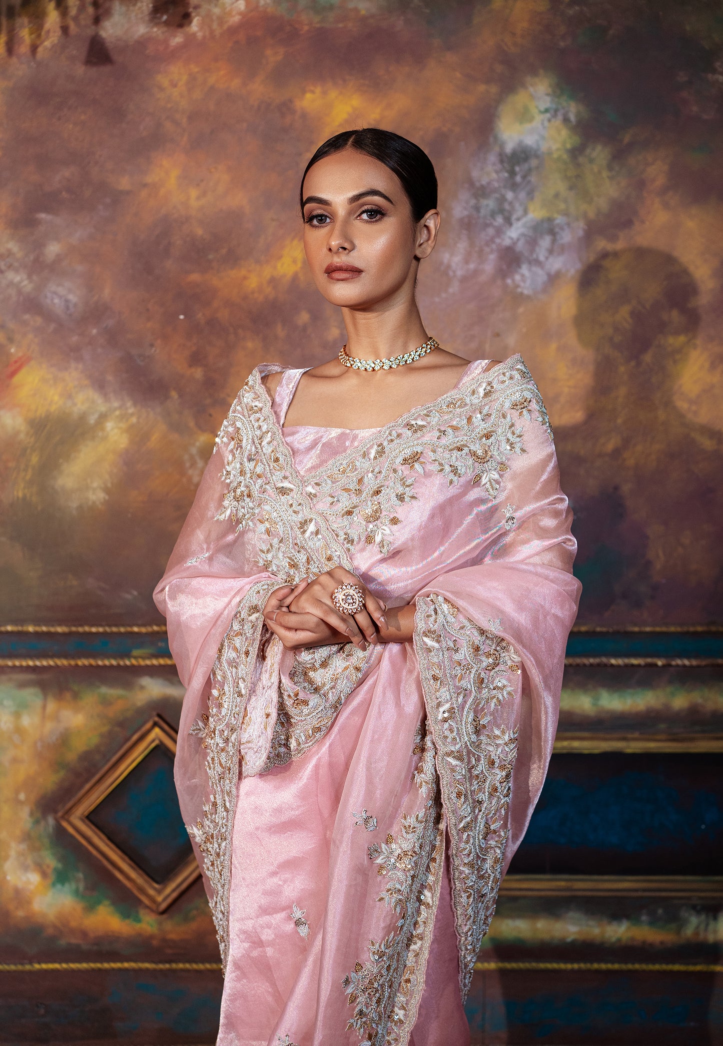 Blush Pink Hand Embroidered Saree