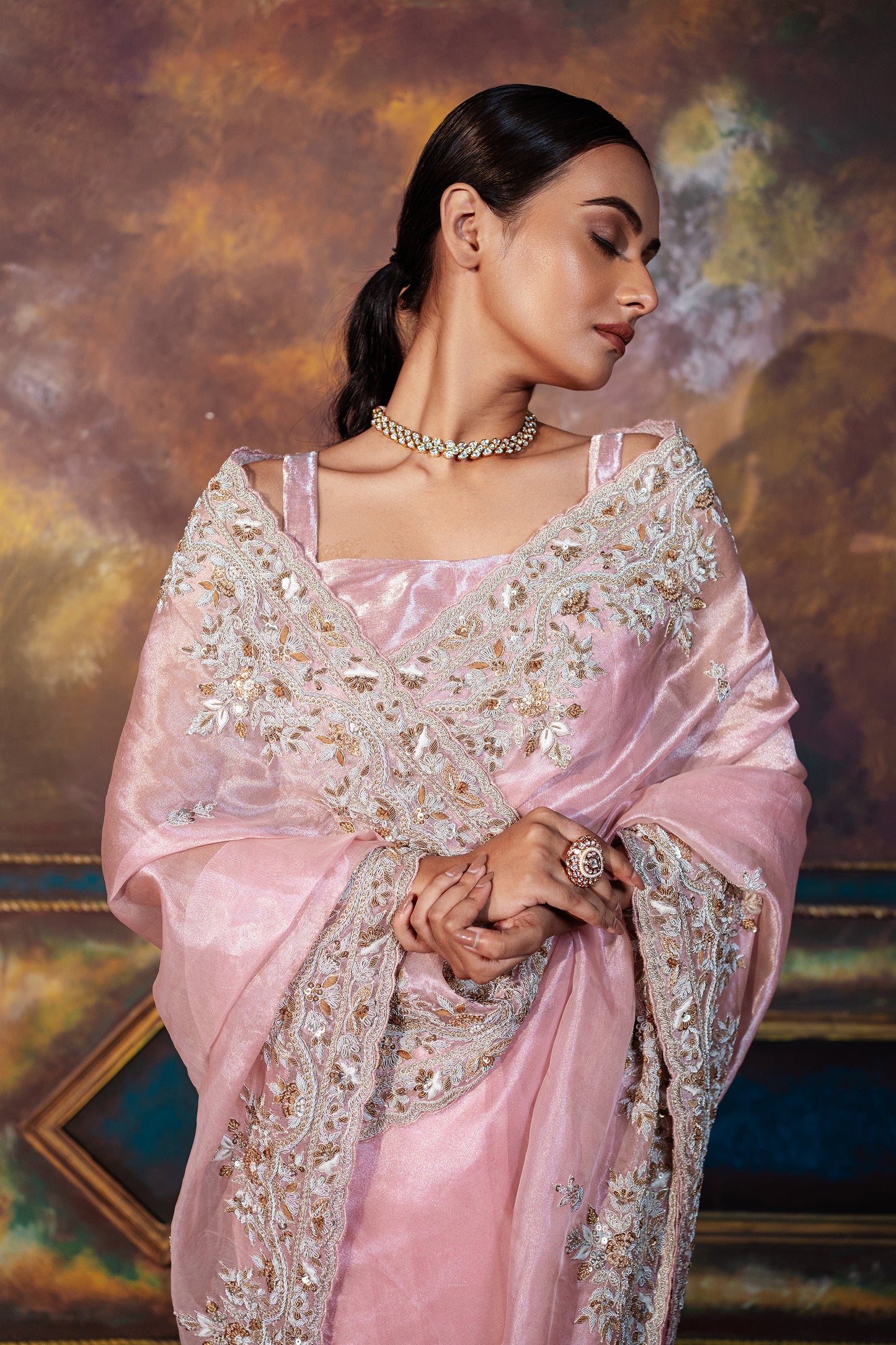 Blush Pink Hand Embroidered Saree