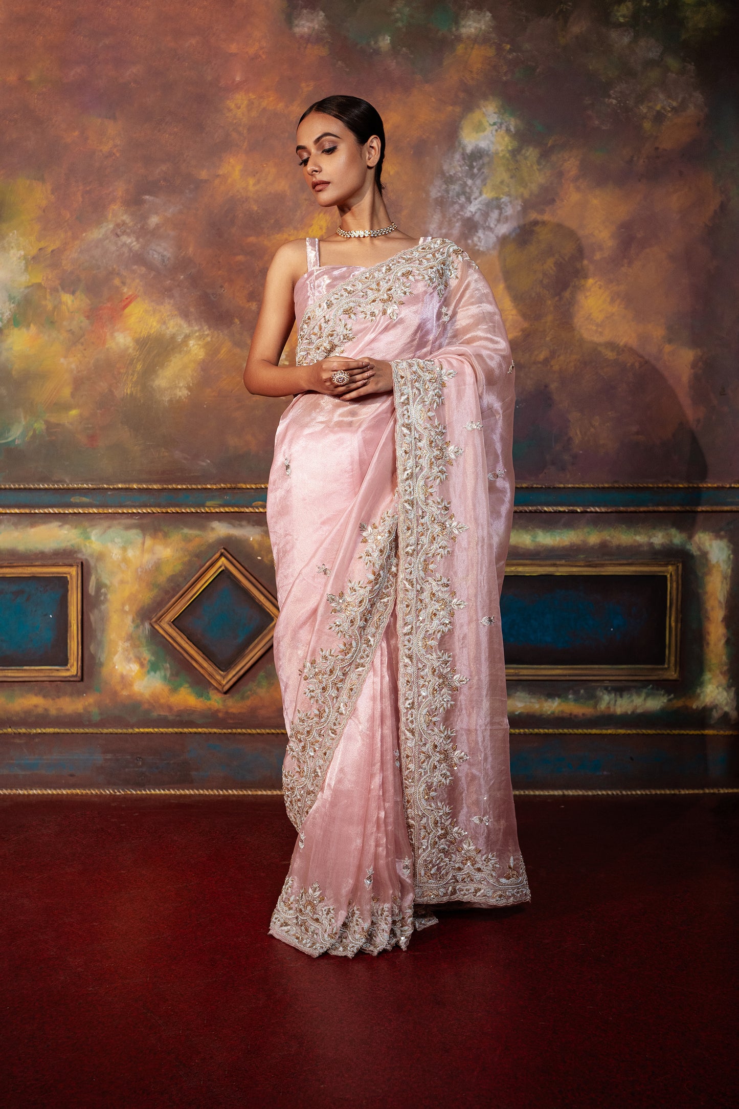 Blush Pink Hand Embroidered Saree