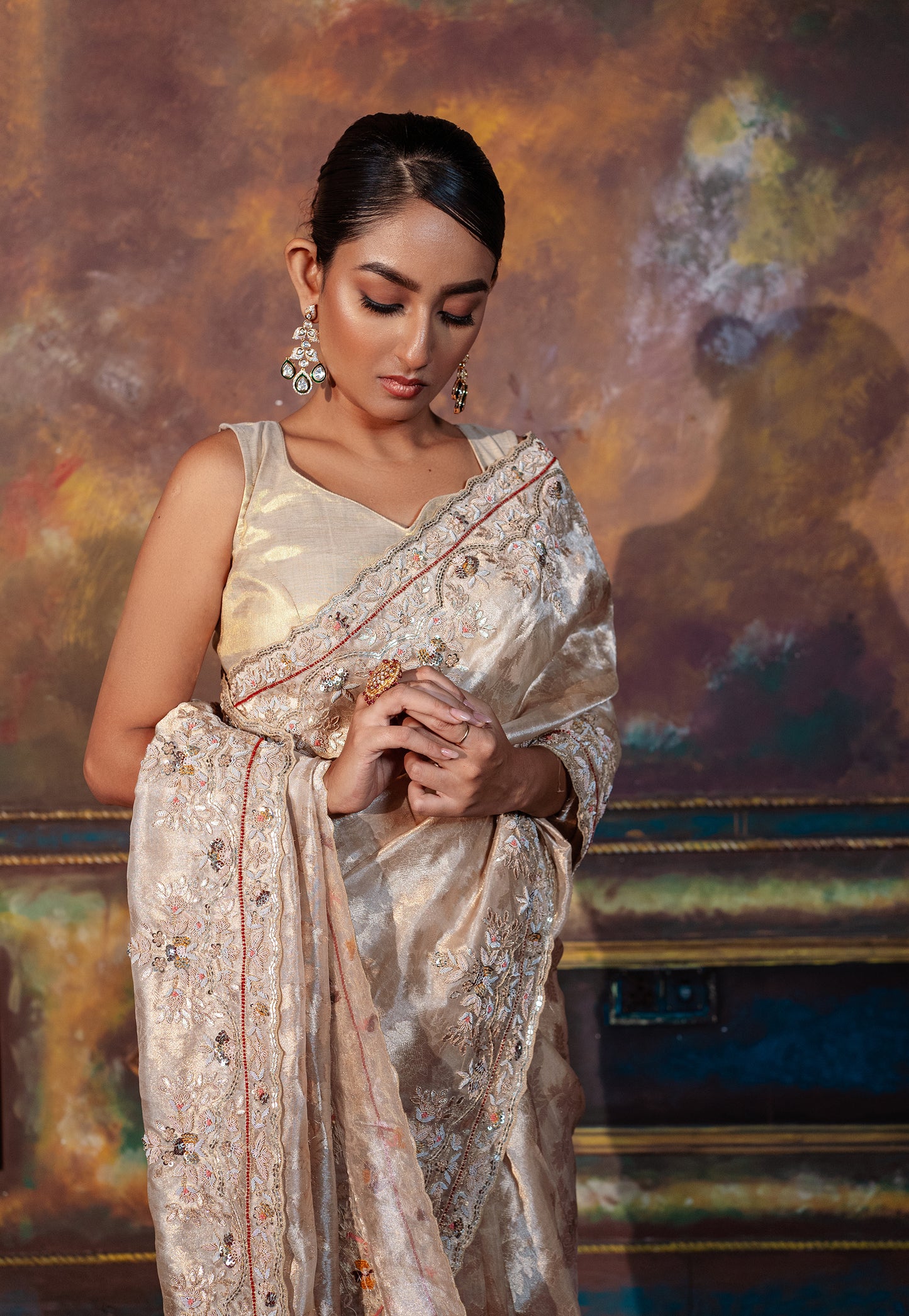 Glossy Beige Hand Embroidered Saree