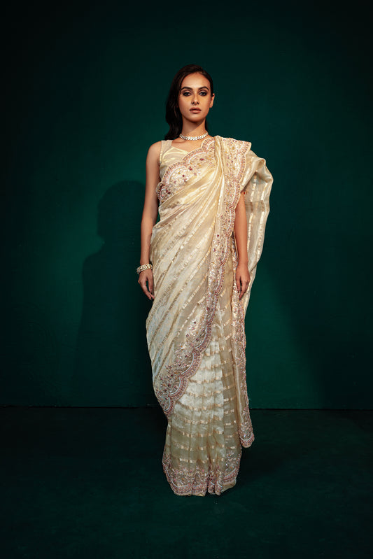 Beige Hand Embroidered Tissue Saree