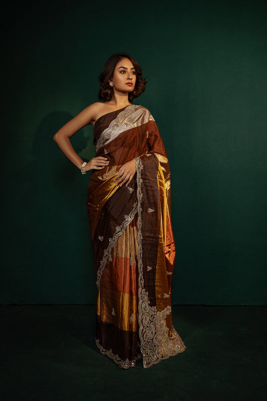 Brown & Gold Striped Saree