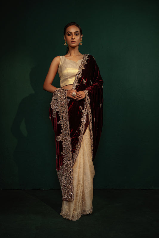 Velvety Maroon & Textured Beige Saree