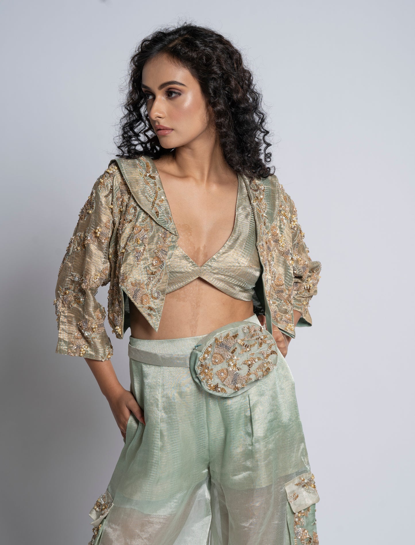 Brocade short jacket, a bustier & tissue cargo pants (GS2043)