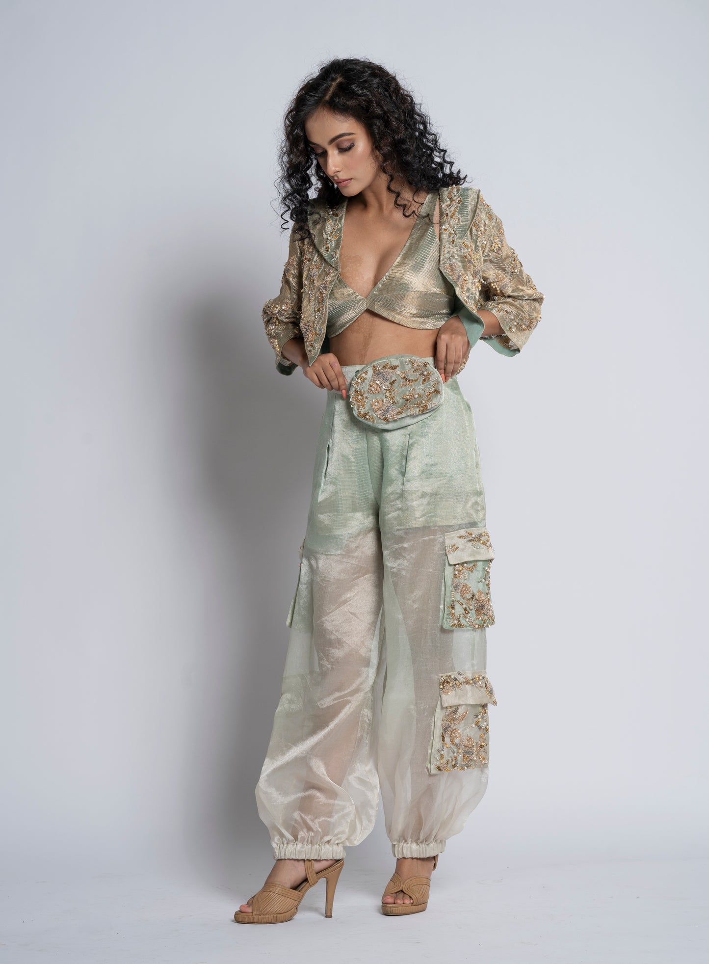 Brocade short jacket, a bustier & tissue cargo pants (GS2043)