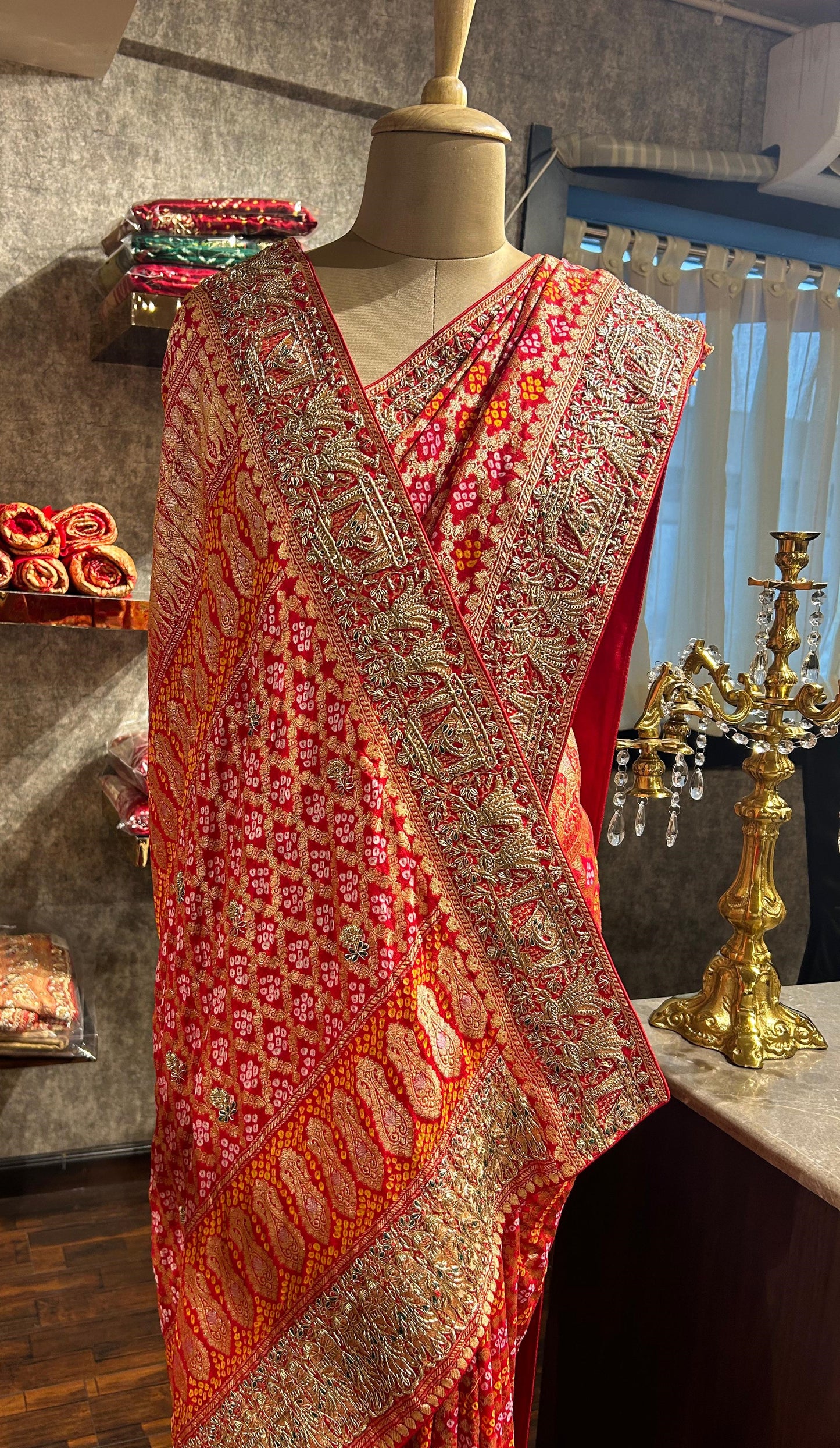 A PURE RED EMBROIDERED BANDHANI SAREE GH-278