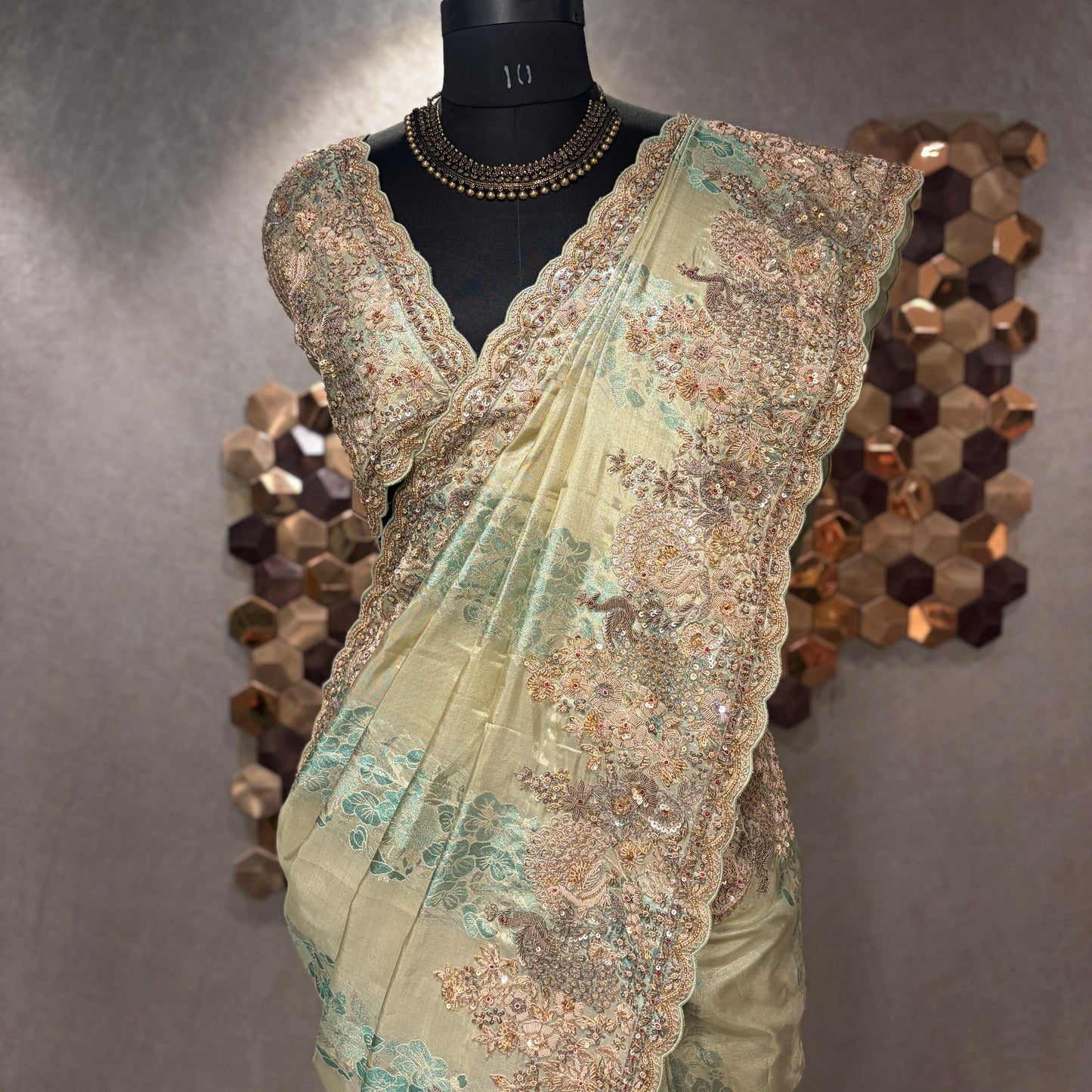 SAGE GREEN HANDEMBROIDERED KANCHIPURAM SILK SAREE