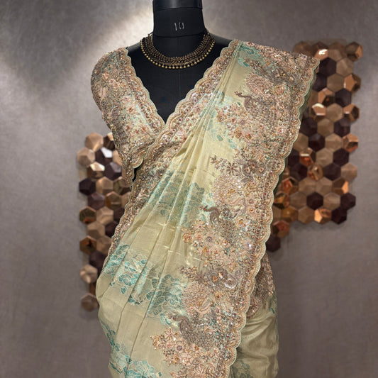 SAGE GREEN HANDEMBROIDERED KANCHIPURAM SILK SAREE