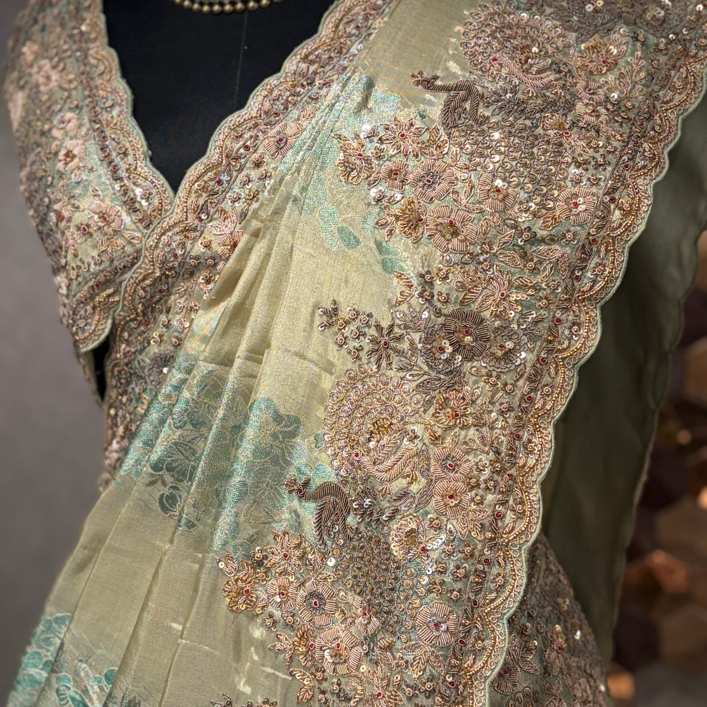 SAGE GREEN HANDEMBROIDERED KANCHIPURAM SILK SAREE