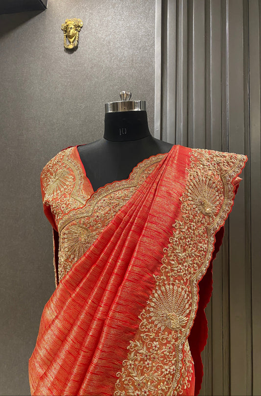 ELEGANT RED SILK EMBROIDERED SAREE