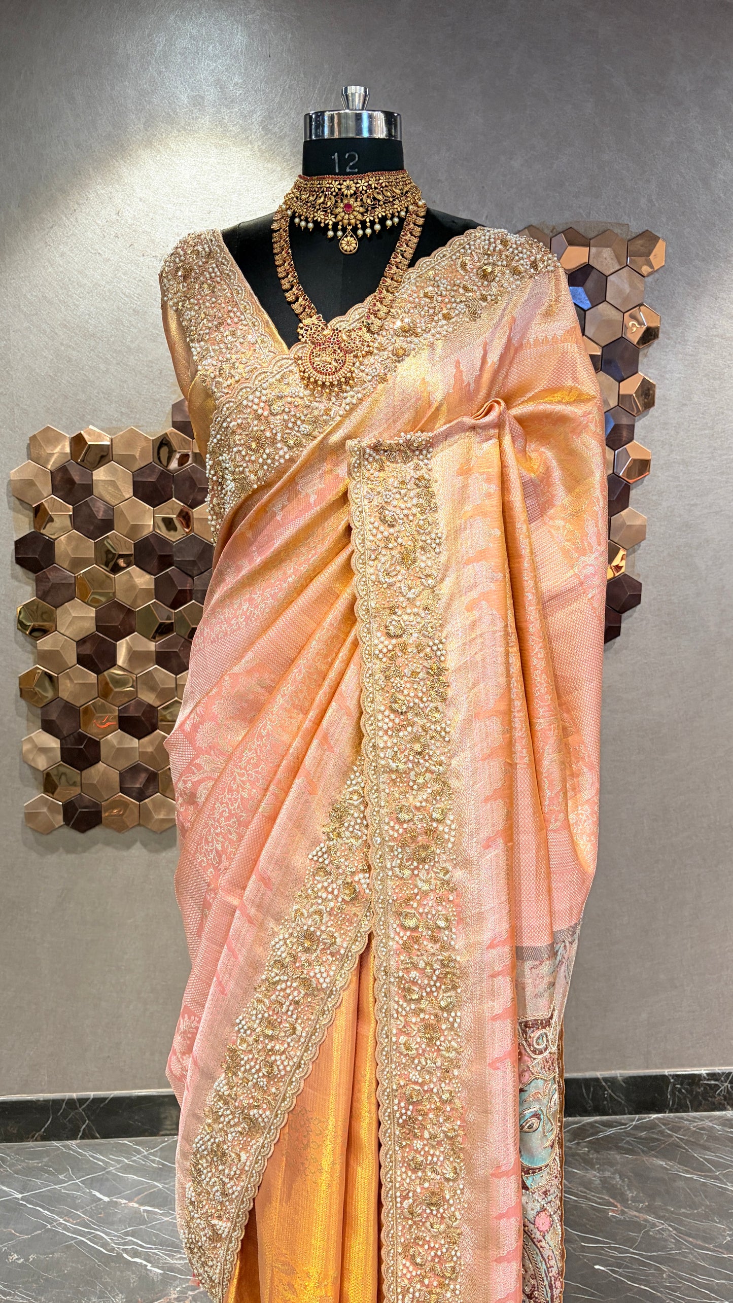 HERITAGE PEACH KANJIVARAM SILK SAREE WITH OPULENT EMBROIDERED BORDERS