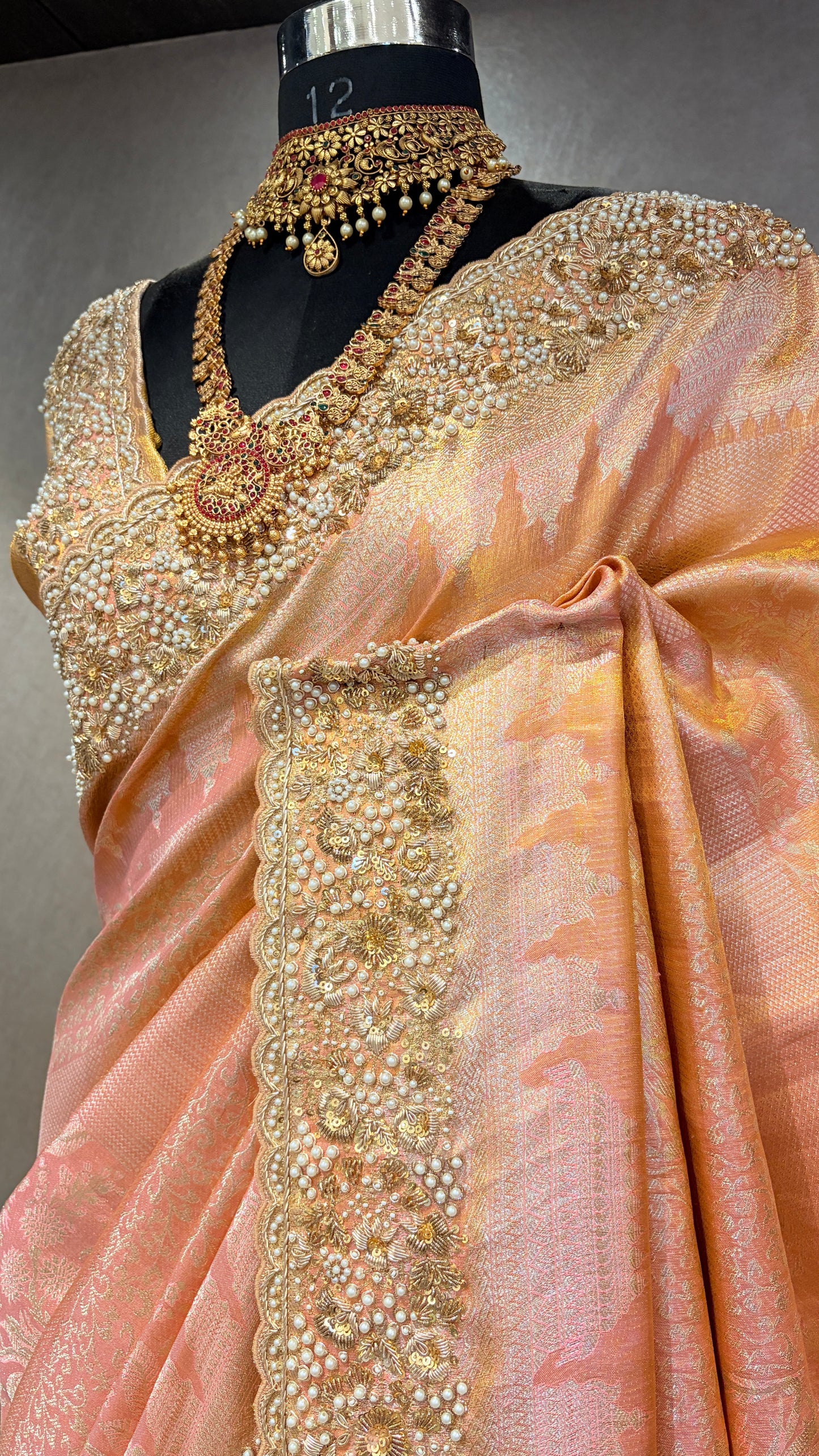 HERITAGE PEACH KANJIVARAM SILK SAREE WITH OPULENT EMBROIDERED BORDERS