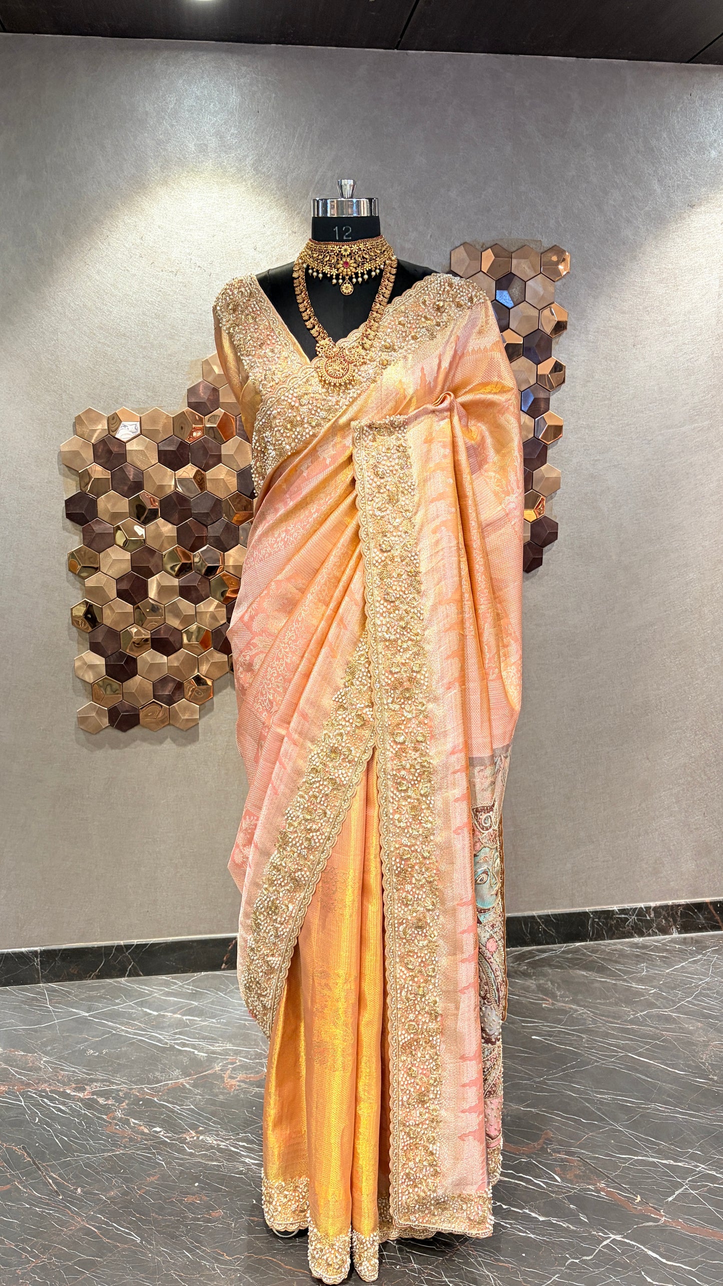 HERITAGE PEACH KANJIVARAM SILK SAREE WITH OPULENT EMBROIDERED BORDERS