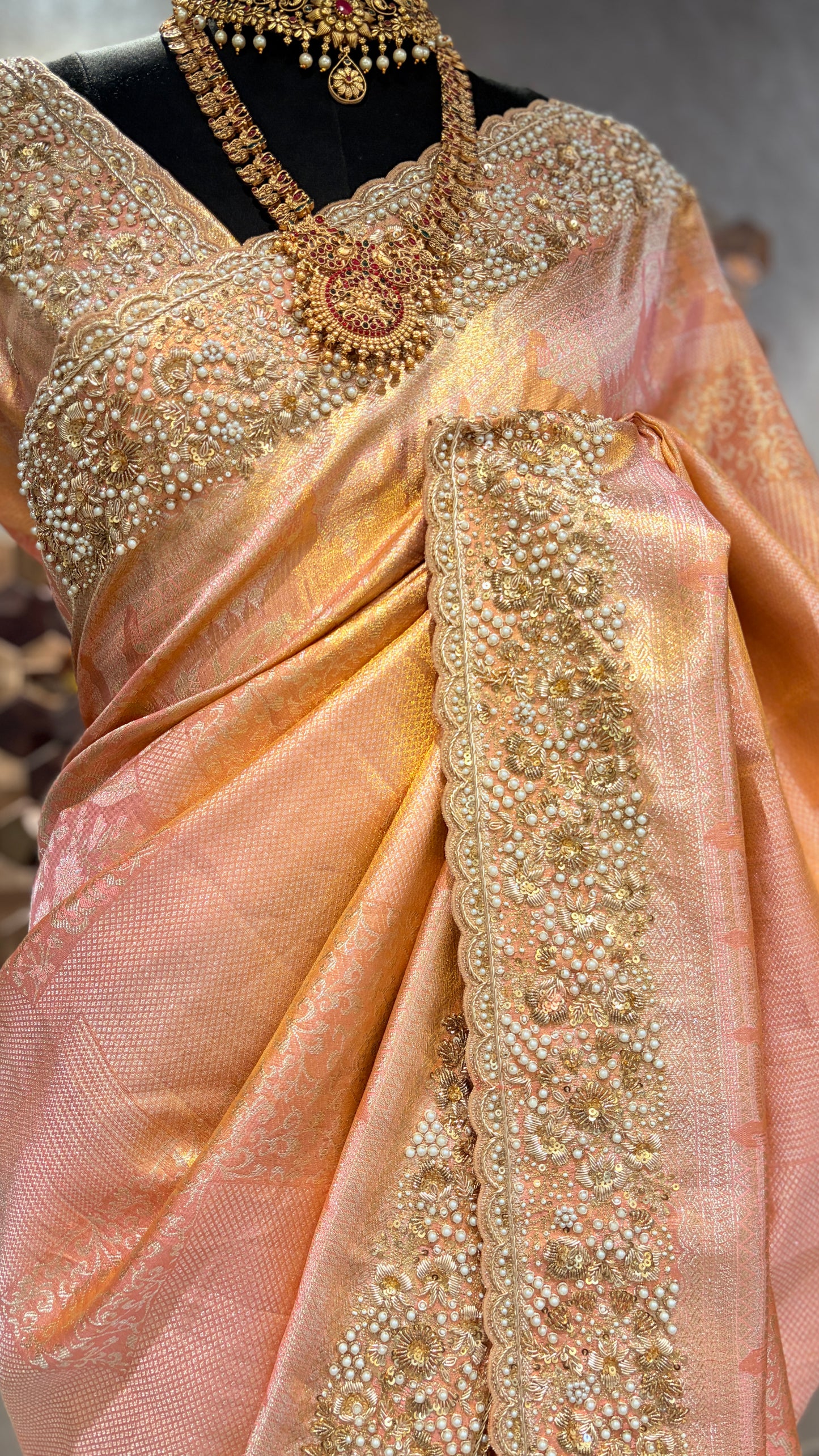 HERITAGE PEACH KANJIVARAM SILK SAREE WITH OPULENT EMBROIDERED BORDERS