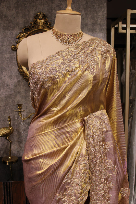 GOLD DUAL TONE HAND EMBROIDERED SILK SAREE