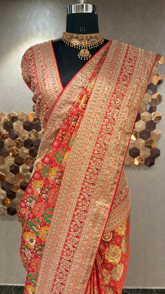 CLASSIC ORANGE & RED SILK EMBROIDERED SAREE