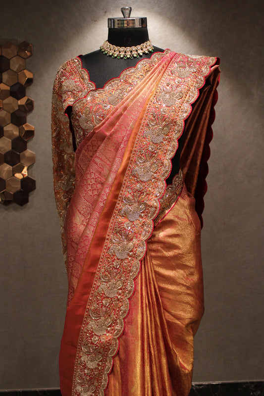 RUST ORANGE EMBROIDERED  KANJIVARAM SILK SAREE