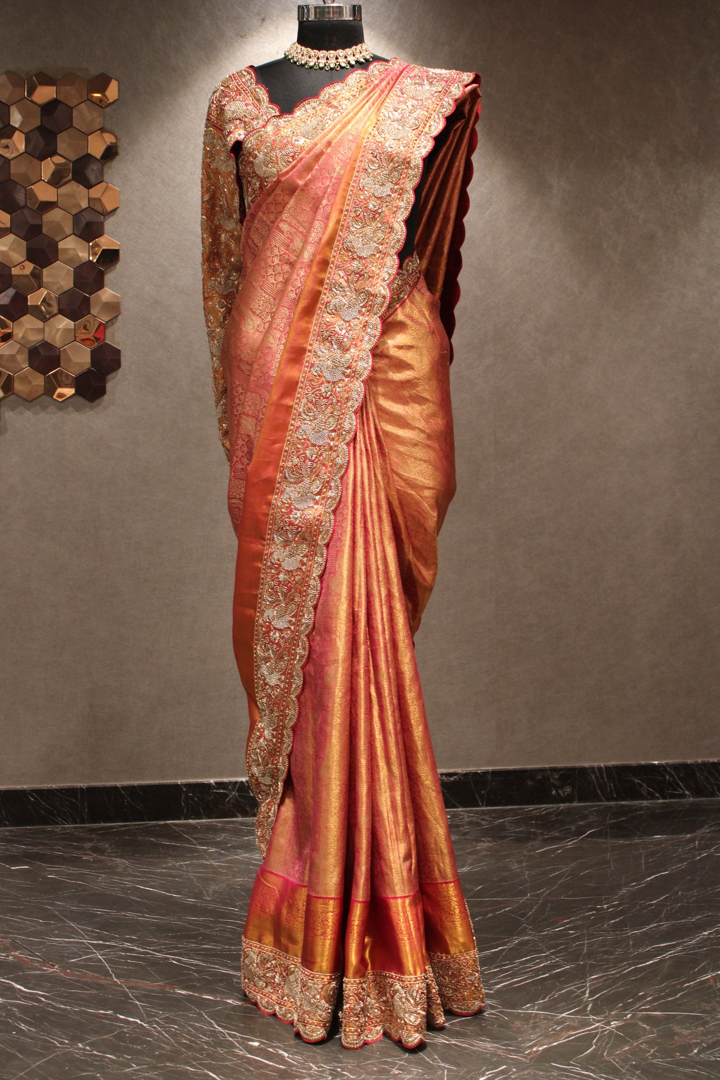 RUST ORANGE EMBROIDERED  KANJIVARAM SILK SAREE