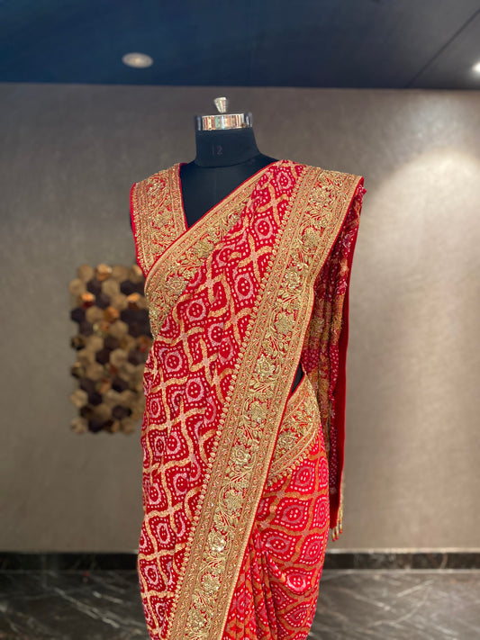 TIMELESS PURE RED BANDHANI EMBROIDERED SAREE