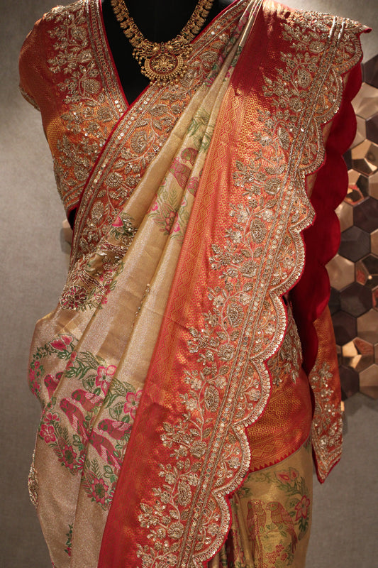 REGAL SCARLET & GOLD KANJIVARAM EMBROIDERED SILK SAREE