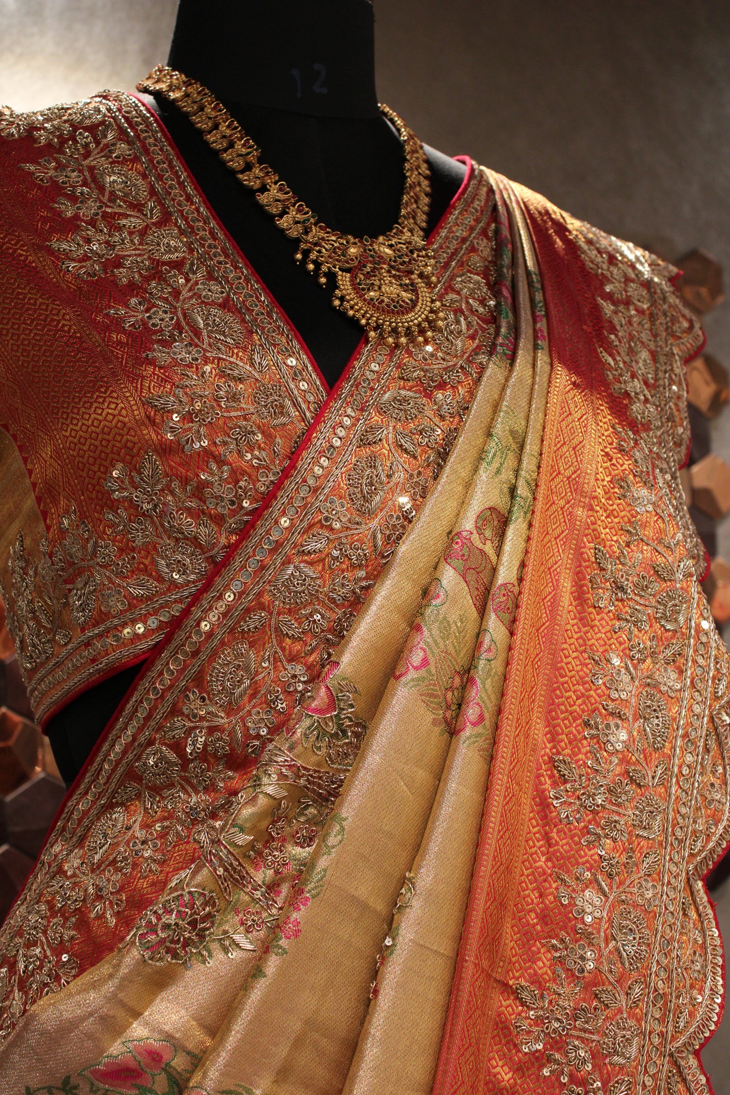 REGAL SCARLET & GOLD KANJIVARAM EMBROIDERED SILK SAREE