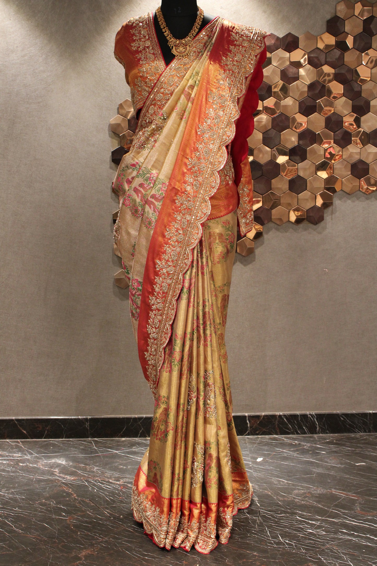 REGAL SCARLET & GOLD KANJIVARAM EMBROIDERED SILK SAREE