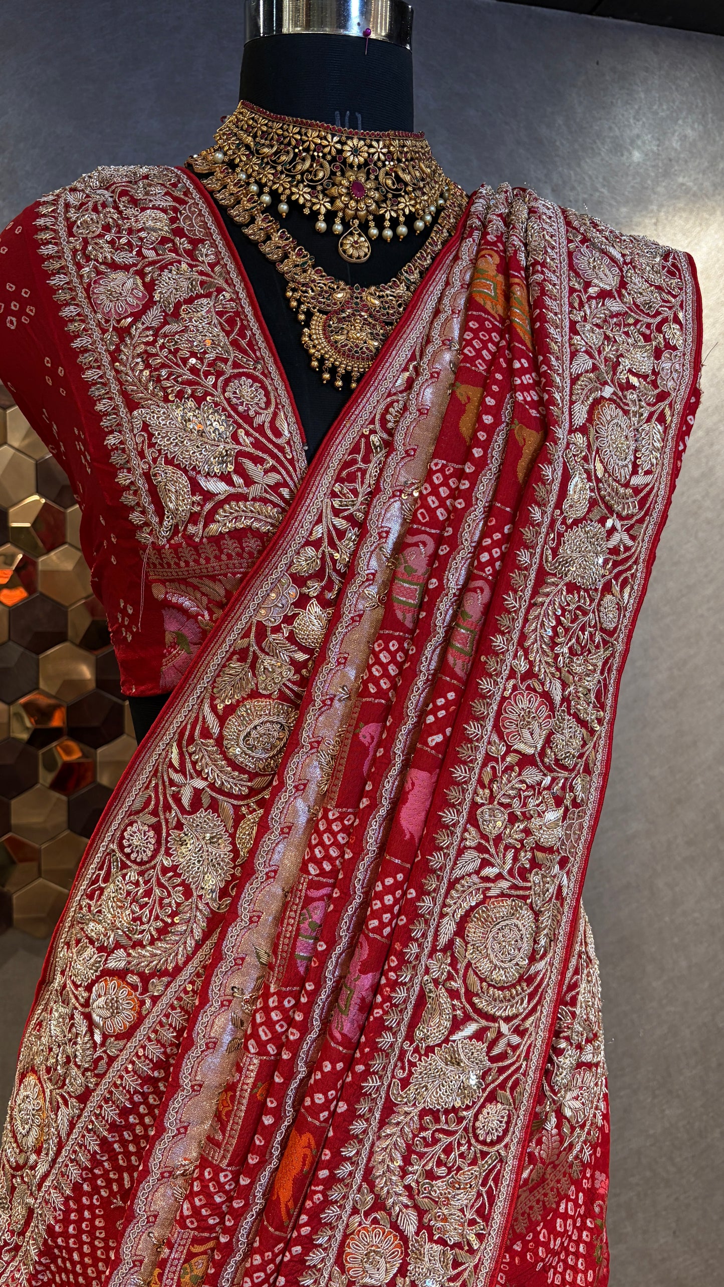 CLASSIC RED EMBROIDERED BANDHANI SAREE