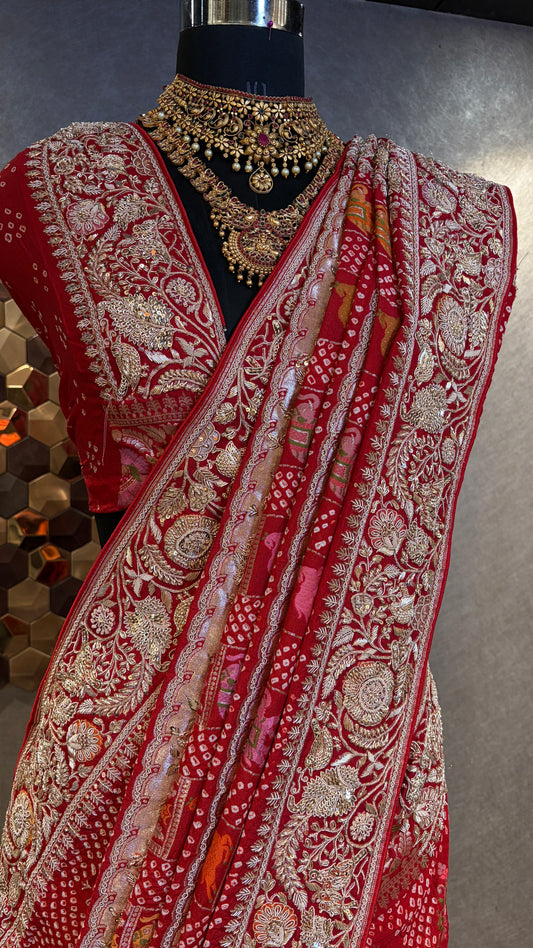 CLASSIC RED EMBROIDERED BANDHANI SAREE